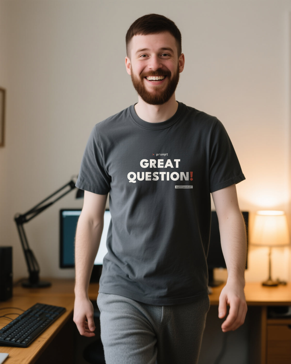 Great Question unisex heavyweight t-shirt in pepper, worn