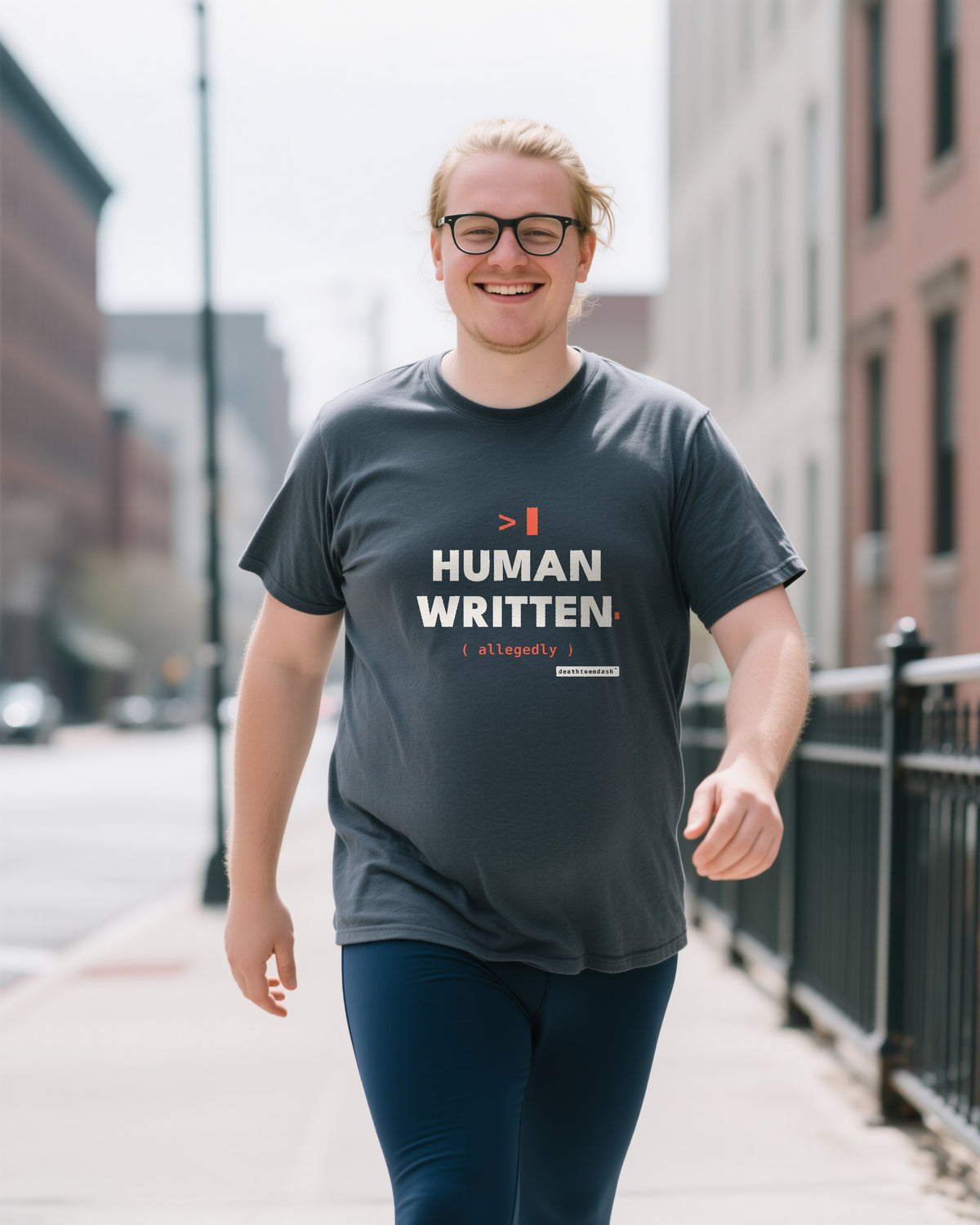 Human Written Allegedly unisex heavyweight t-shirt in pepper, worn
