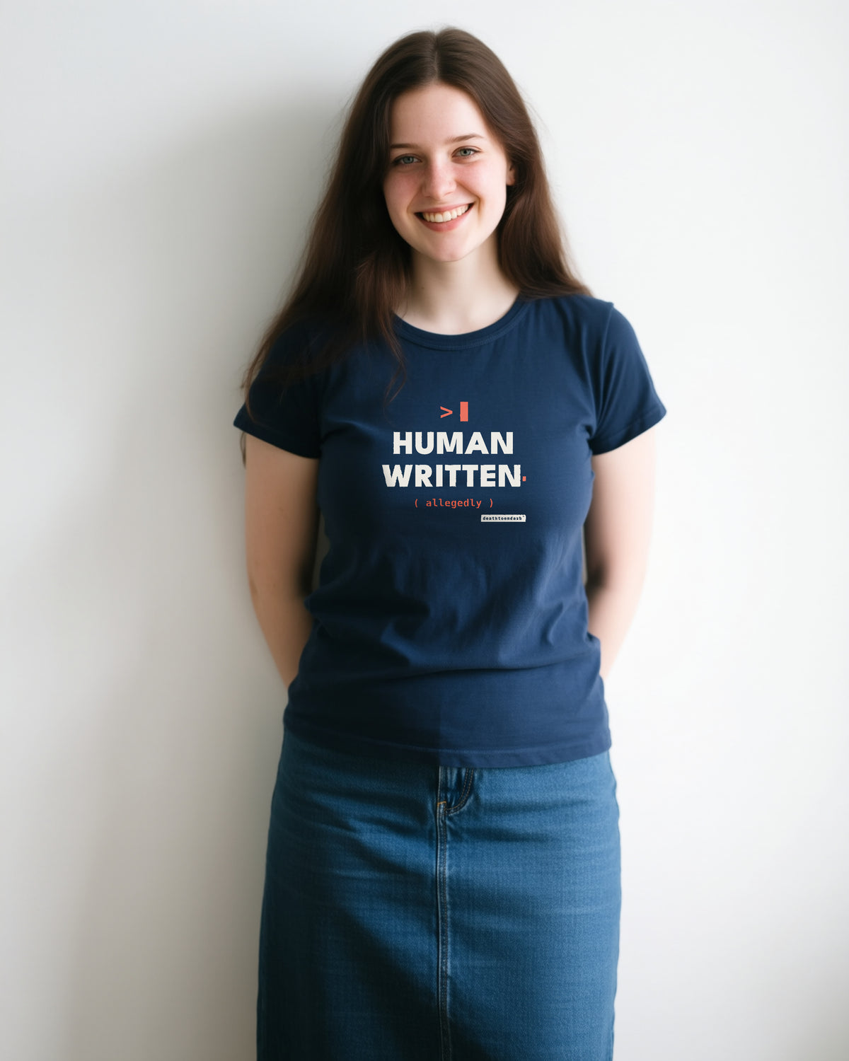 Human Written Allegedly unisex heavyweight t-shirt in navy, worn