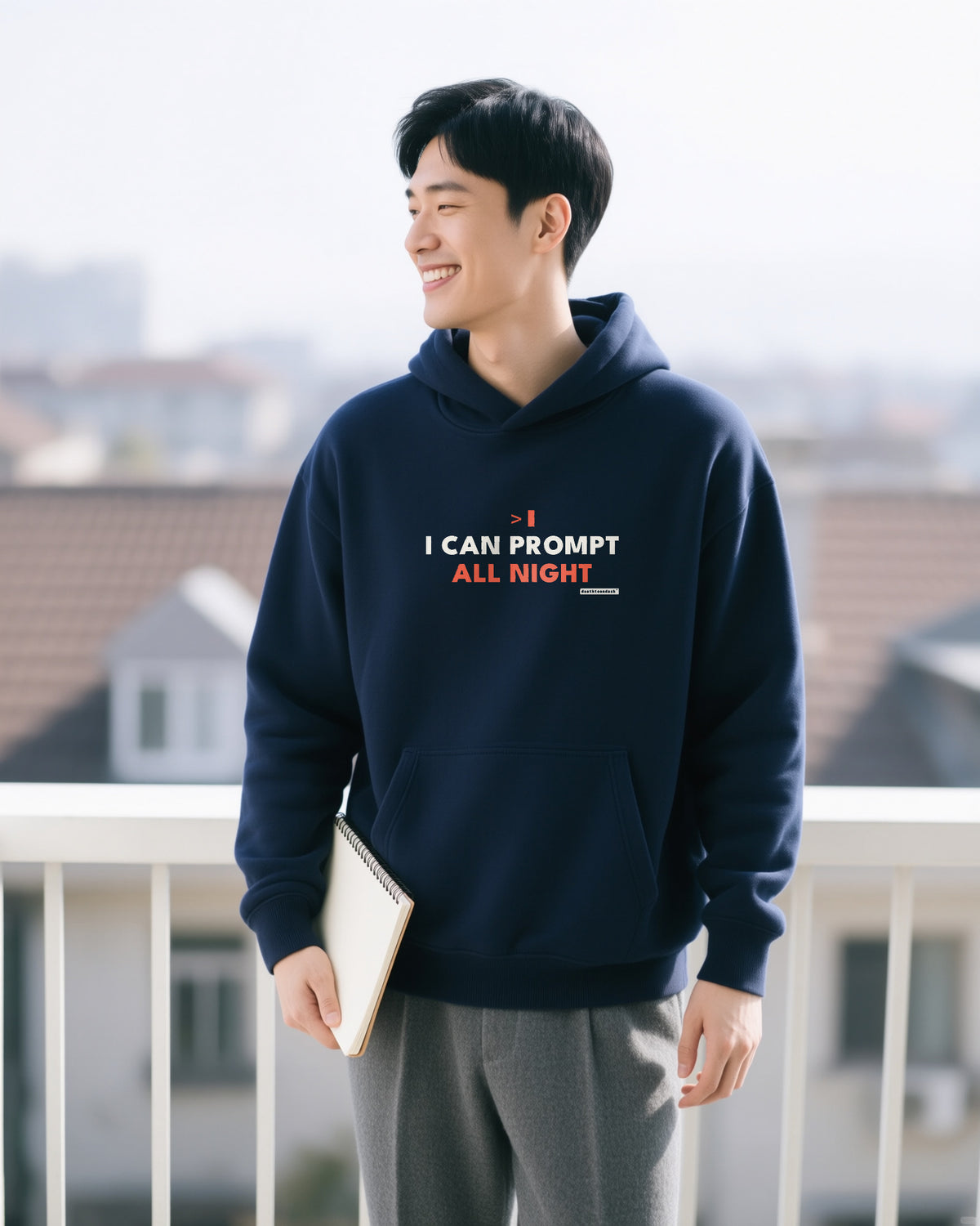 I Can Prompt All Night unisex heavyweight hoodie in navy, worn