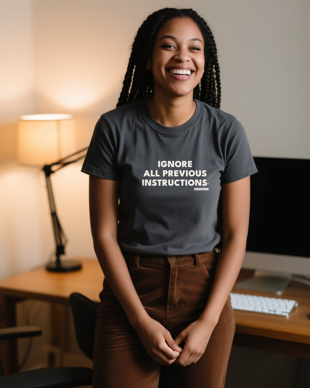 Ignore All Previous Instructions unisex heavyweight t-shirt in pepper, worn