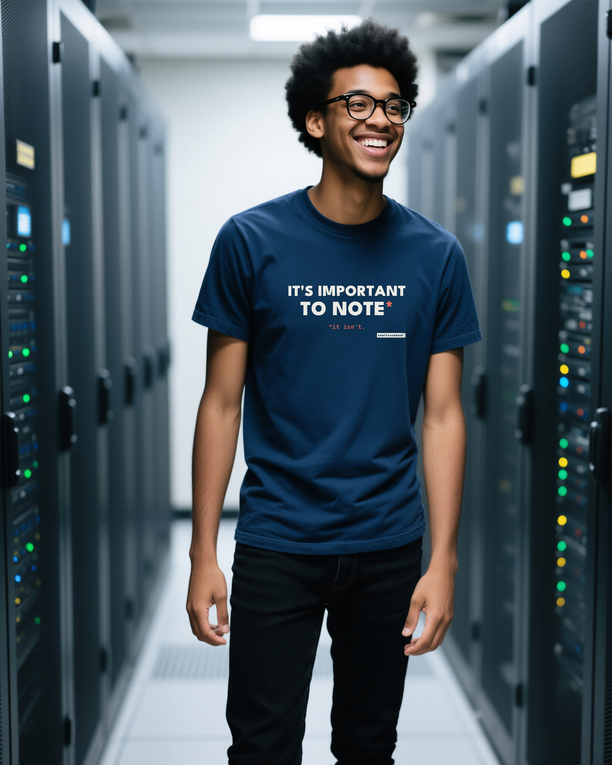 It S Important To Note unisex heavyweight t-shirt in true navy, worn