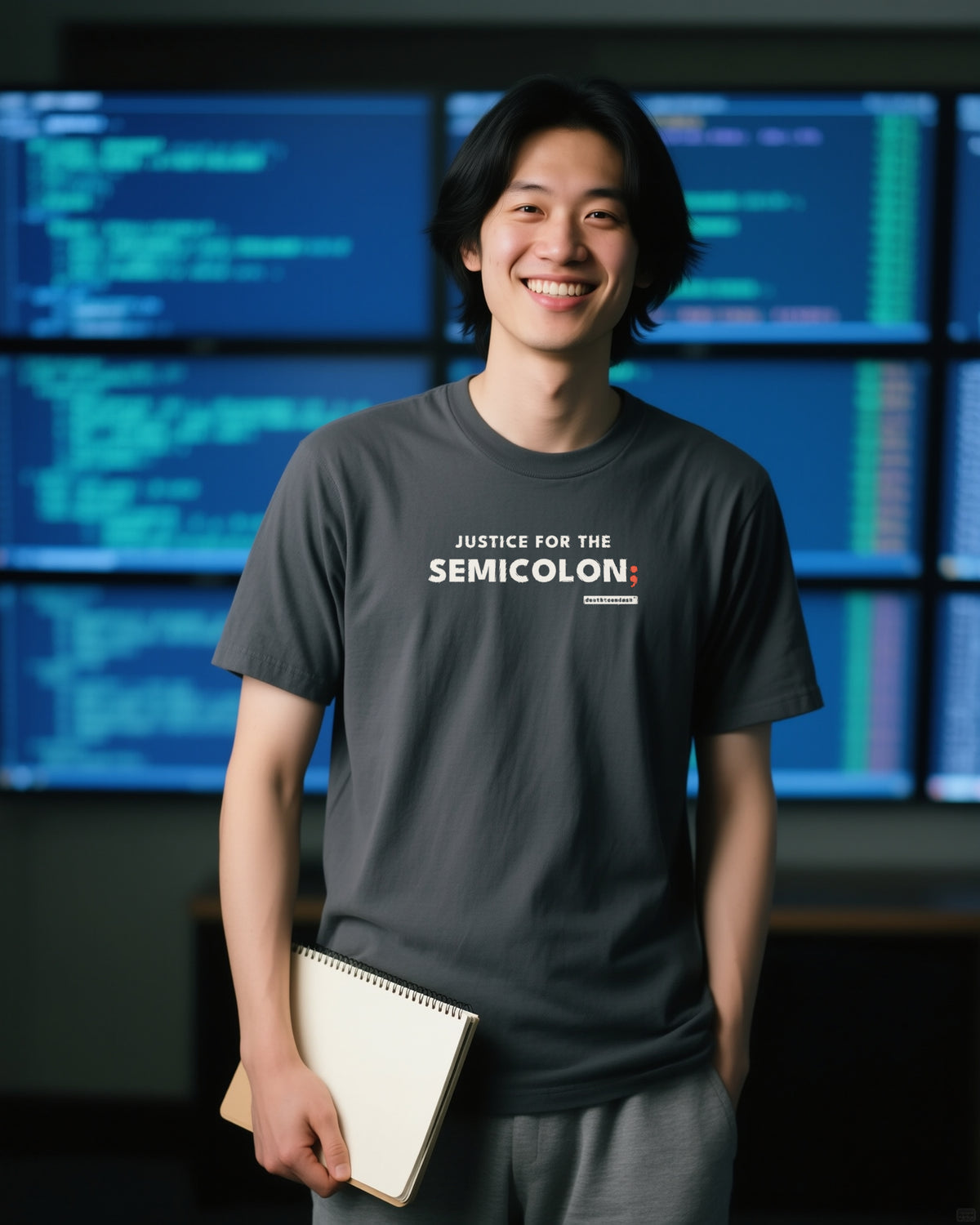 Justice For The Semicolon unisex heavyweight t-shirt in pepper, worn