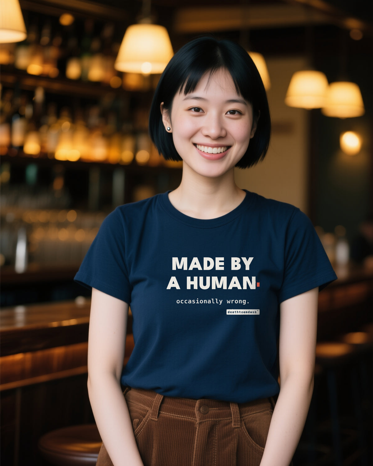 Made By A Human Occasionally Wrong unisex heavyweight t-shirt in navy, worn