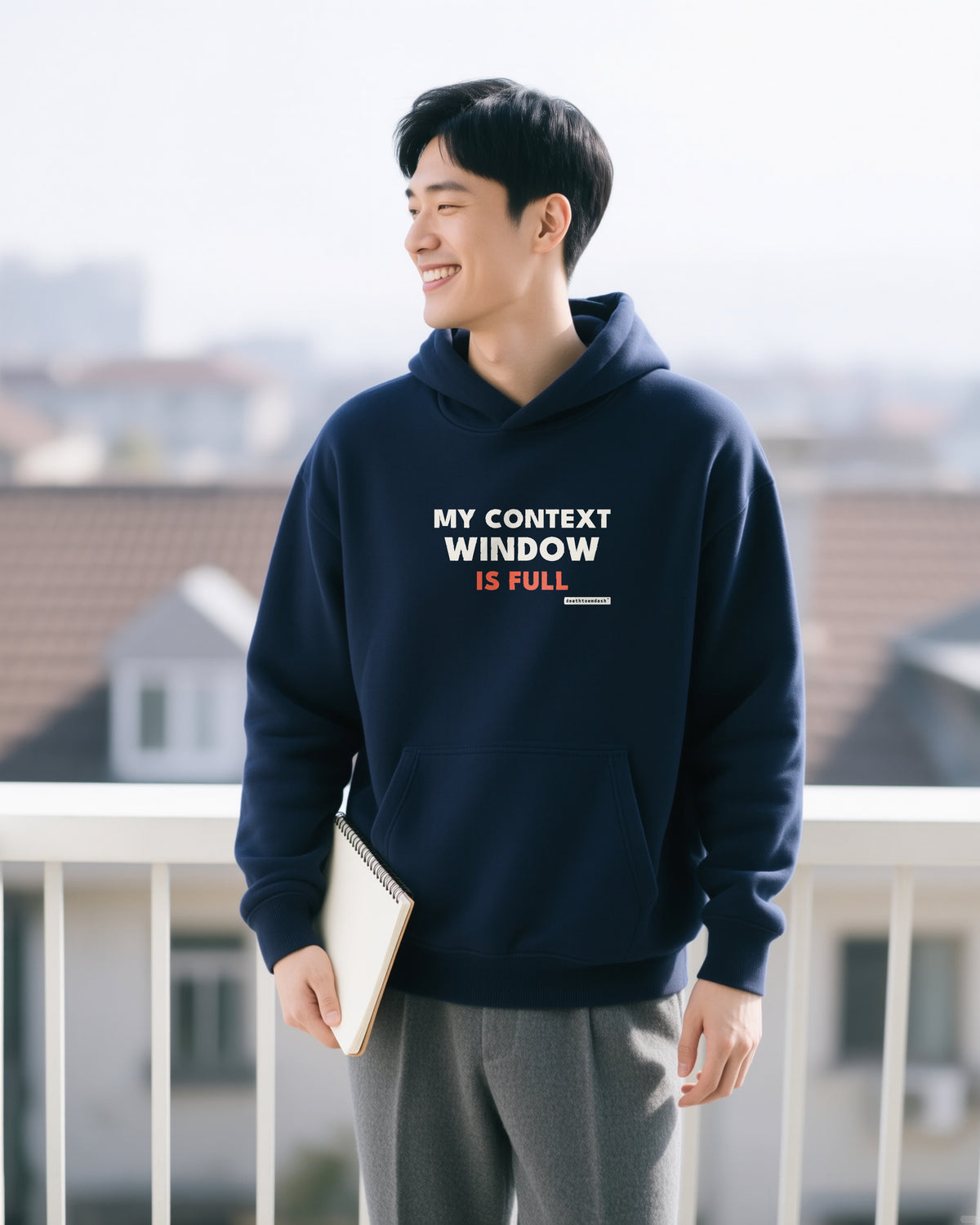 My Context Window Is Full unisex heavyweight hoodie in navy, worn