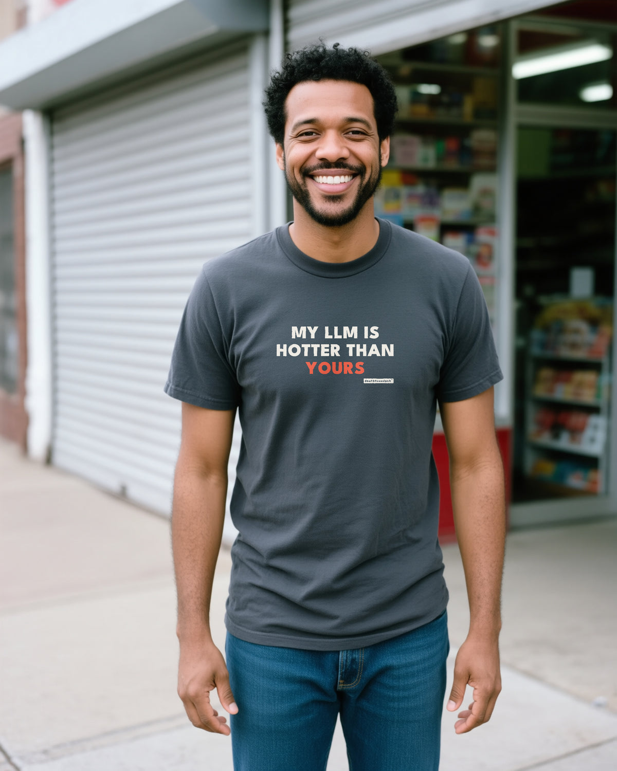 My Llm Is Hotter Than Yours unisex heavyweight t-shirt in pepper, worn