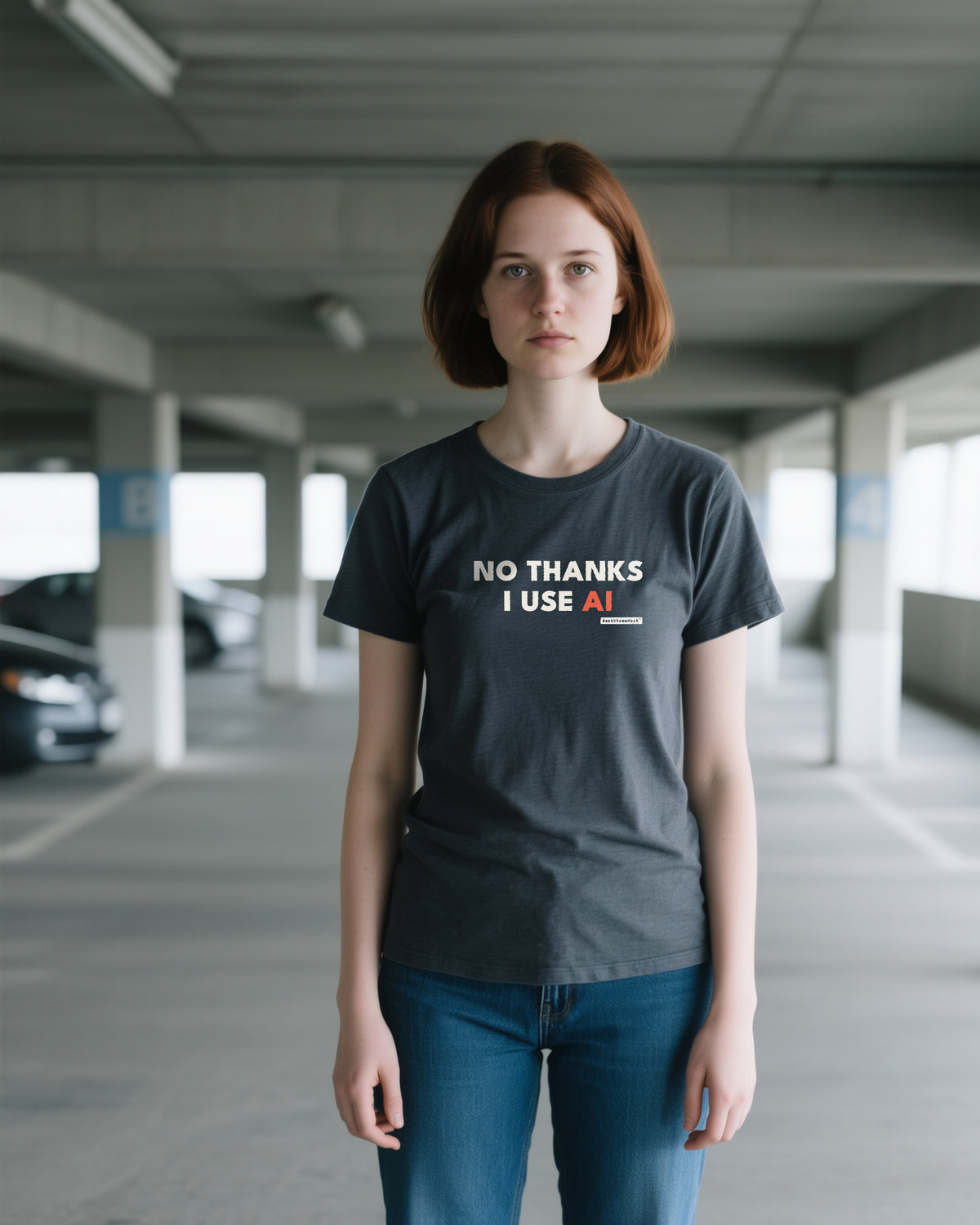 No Thanks I Use Ai unisex heavyweight t-shirt in pepper, worn