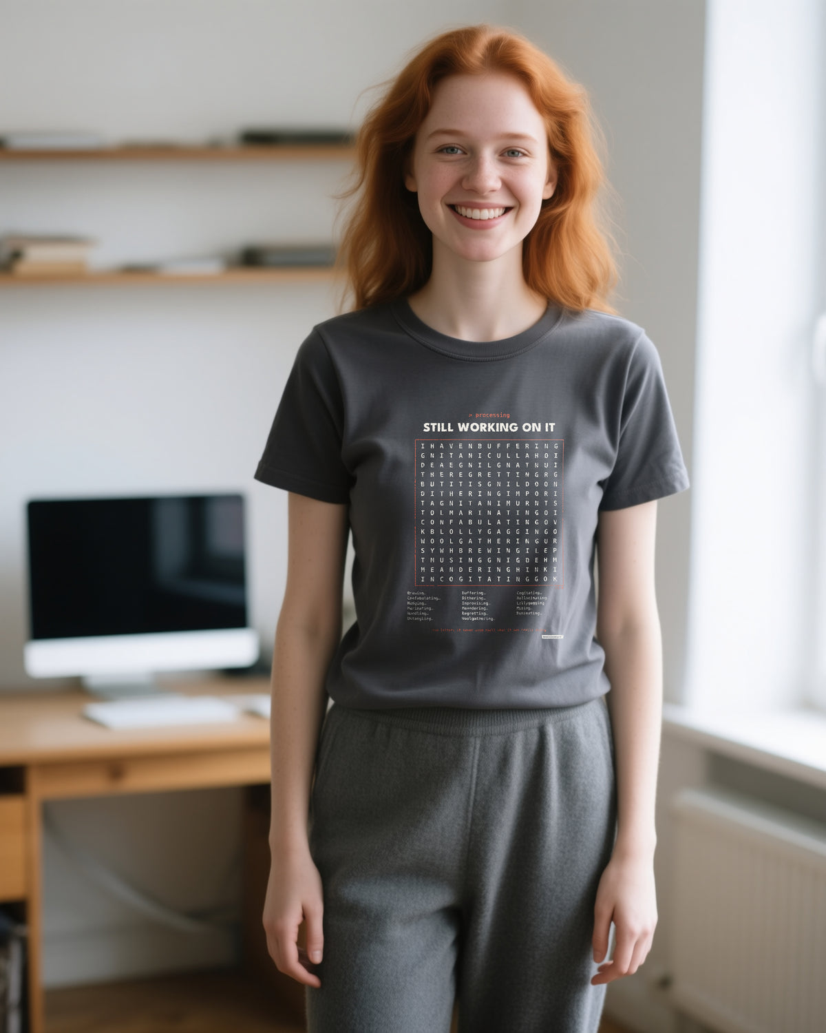 Processing Wordsearch V1 unisex heavyweight t-shirt in pepper, worn