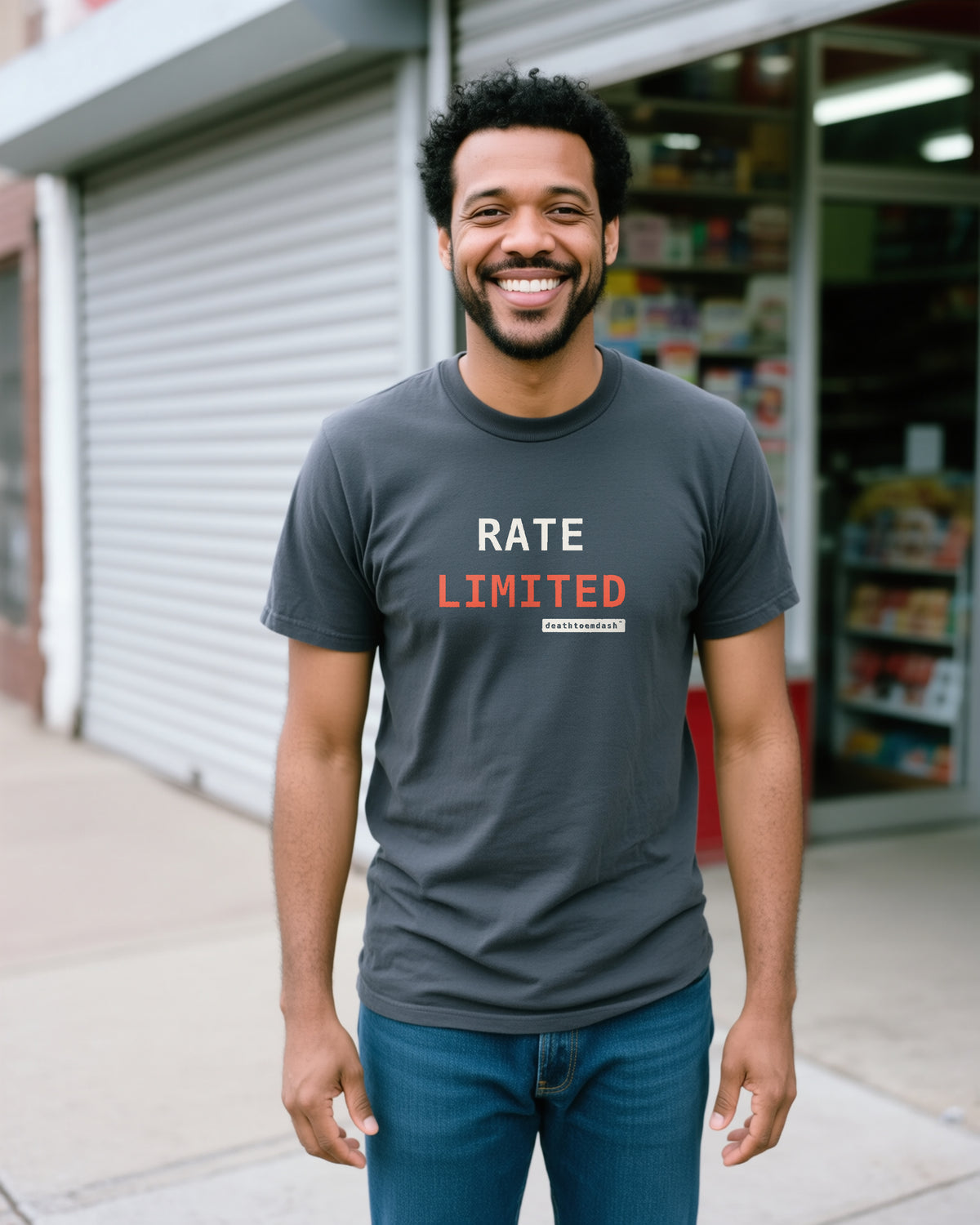 Rate Limited unisex heavyweight t-shirt in pepper, worn