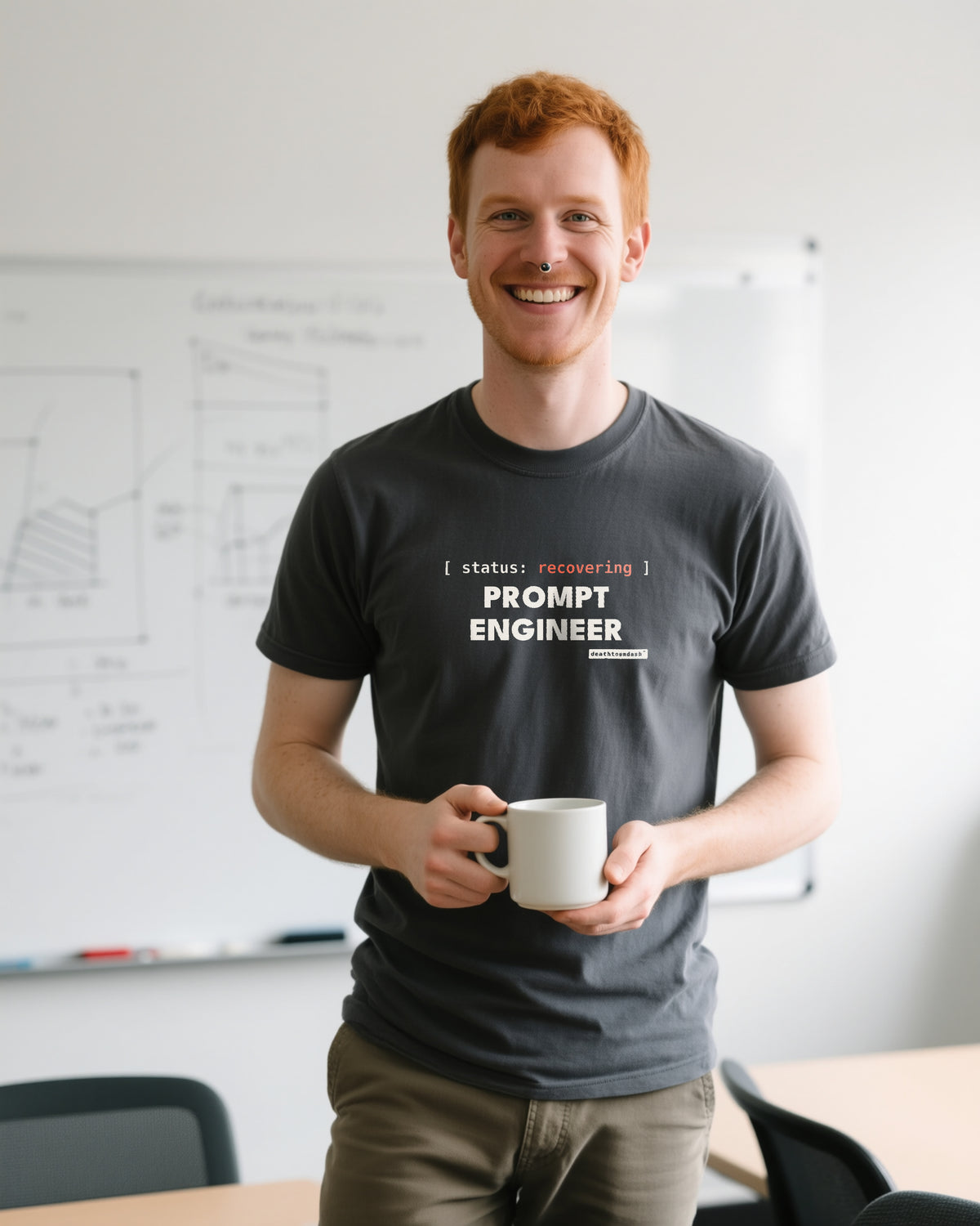 Recovering Prompt Engineer unisex heavyweight t-shirt in pepper, worn