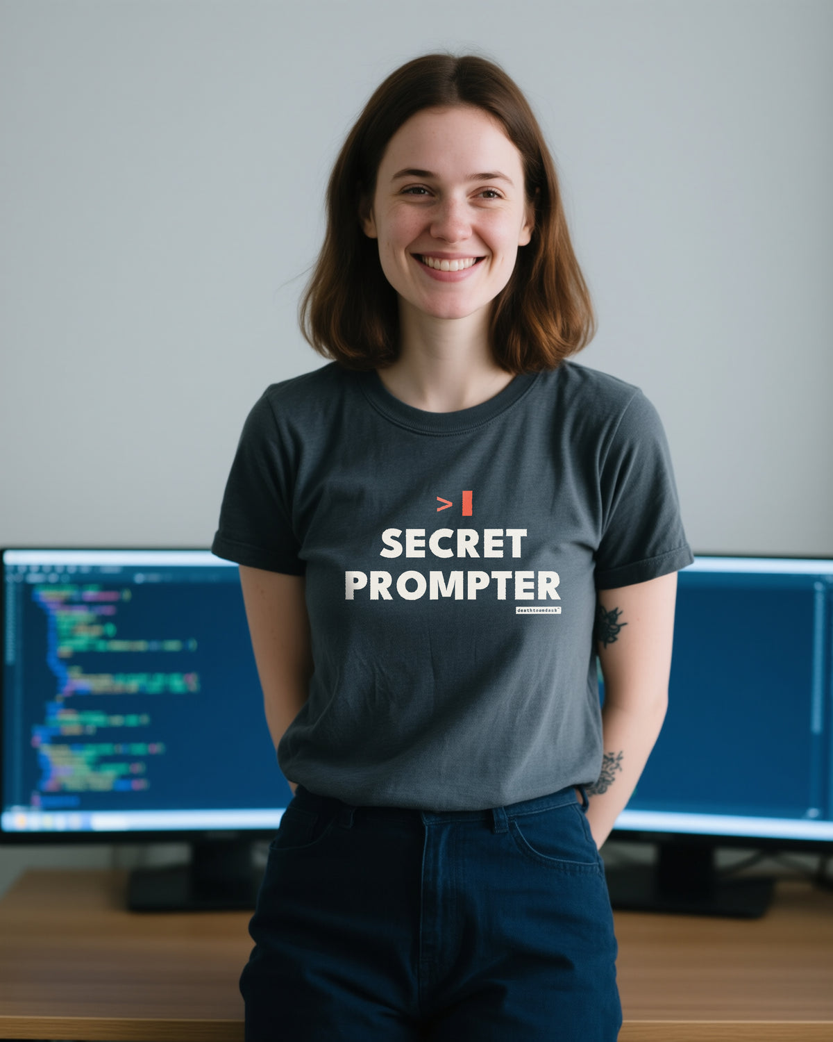 Secret Prompter unisex heavyweight t-shirt in pepper, worn