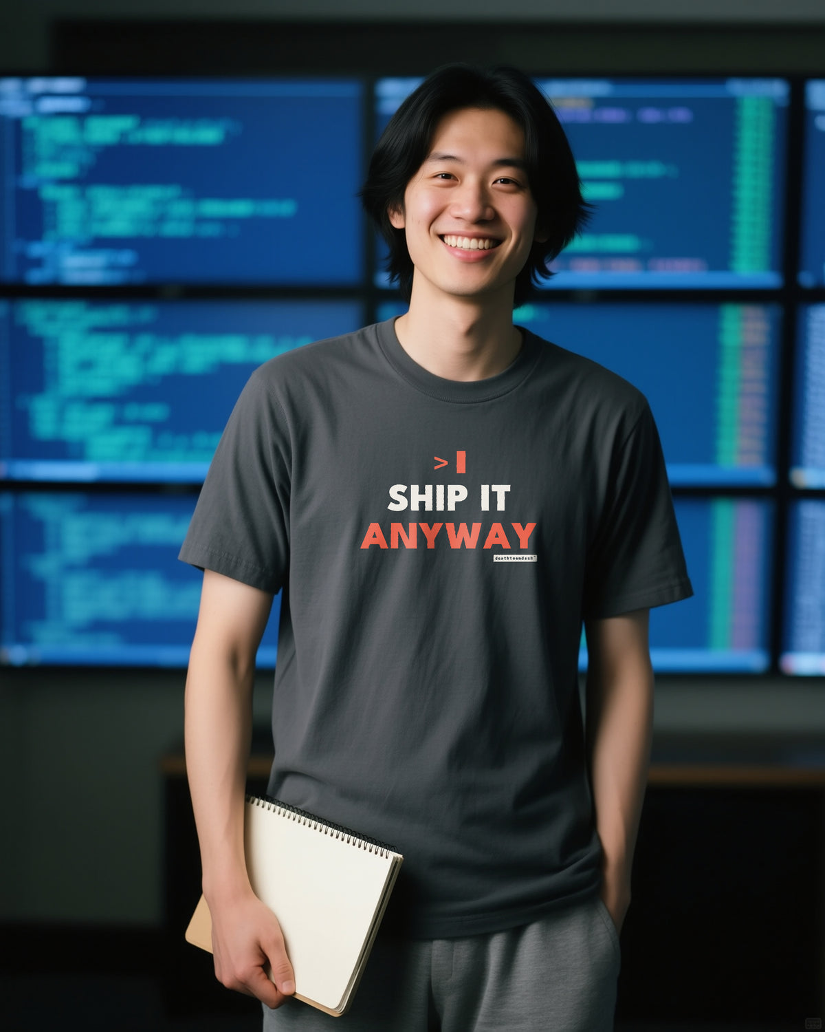Ship It Anyway unisex heavyweight t-shirt in pepper, worn
