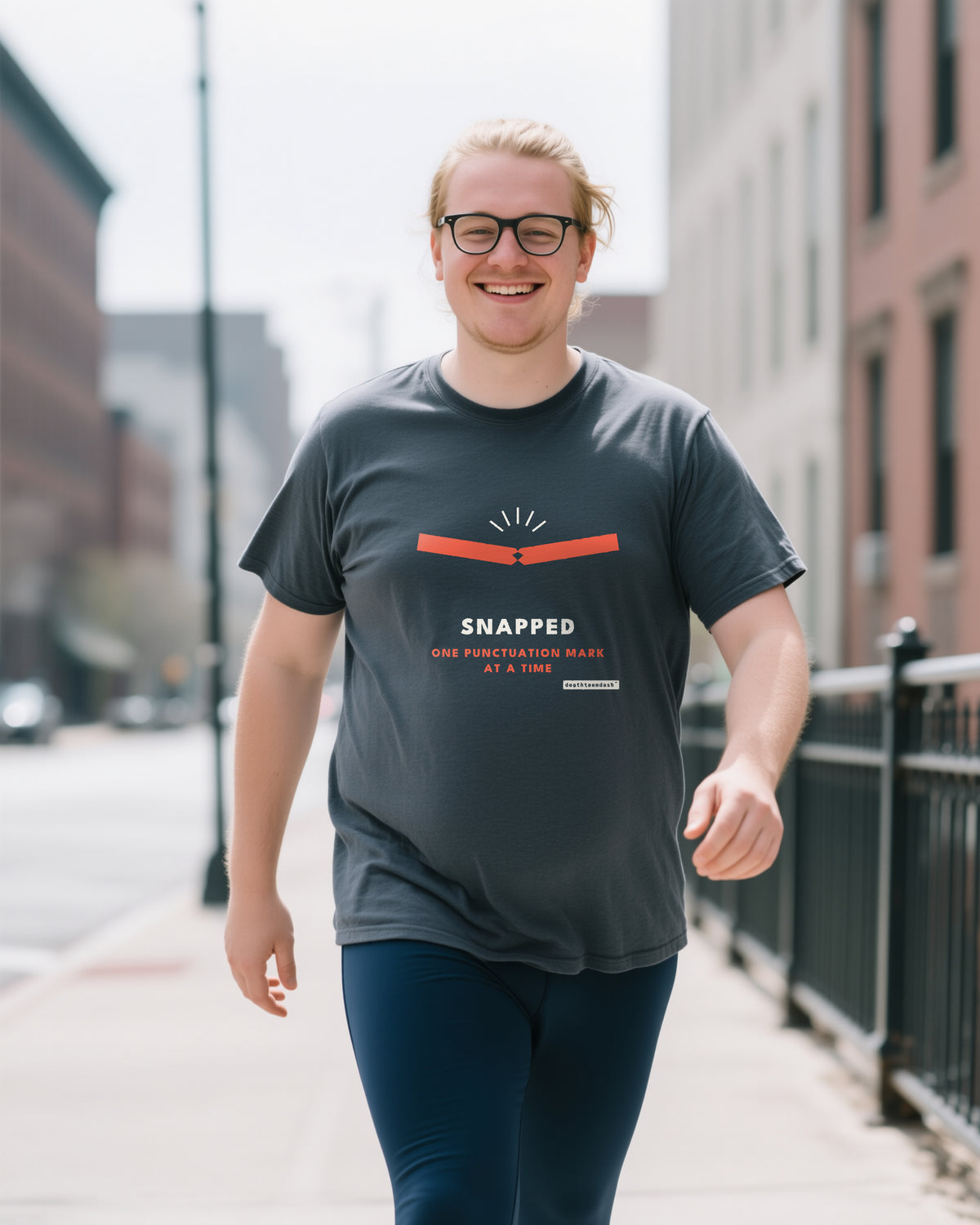 Snapped unisex heavyweight t-shirt in pepper, worn