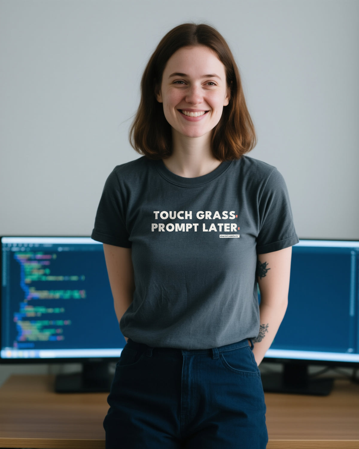 Touch Grass Prompt Later unisex heavyweight t-shirt in pepper, worn