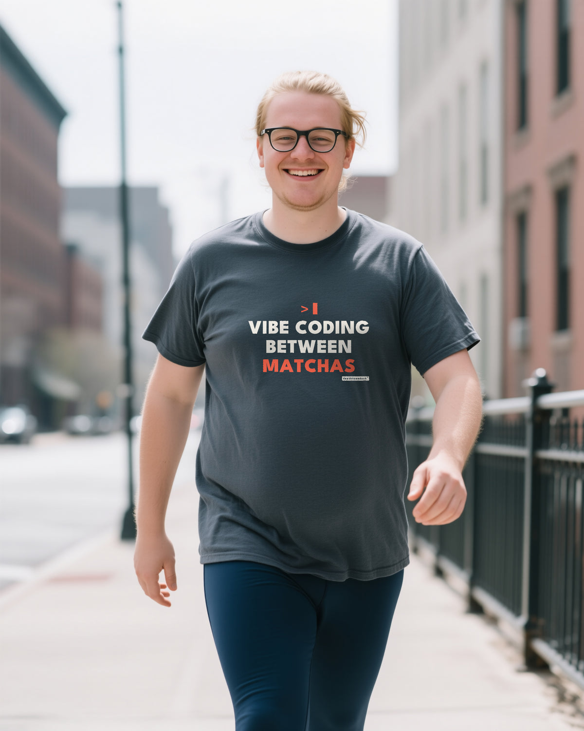 Vibe Coding Between Matchas unisex heavyweight t-shirt in pepper, worn