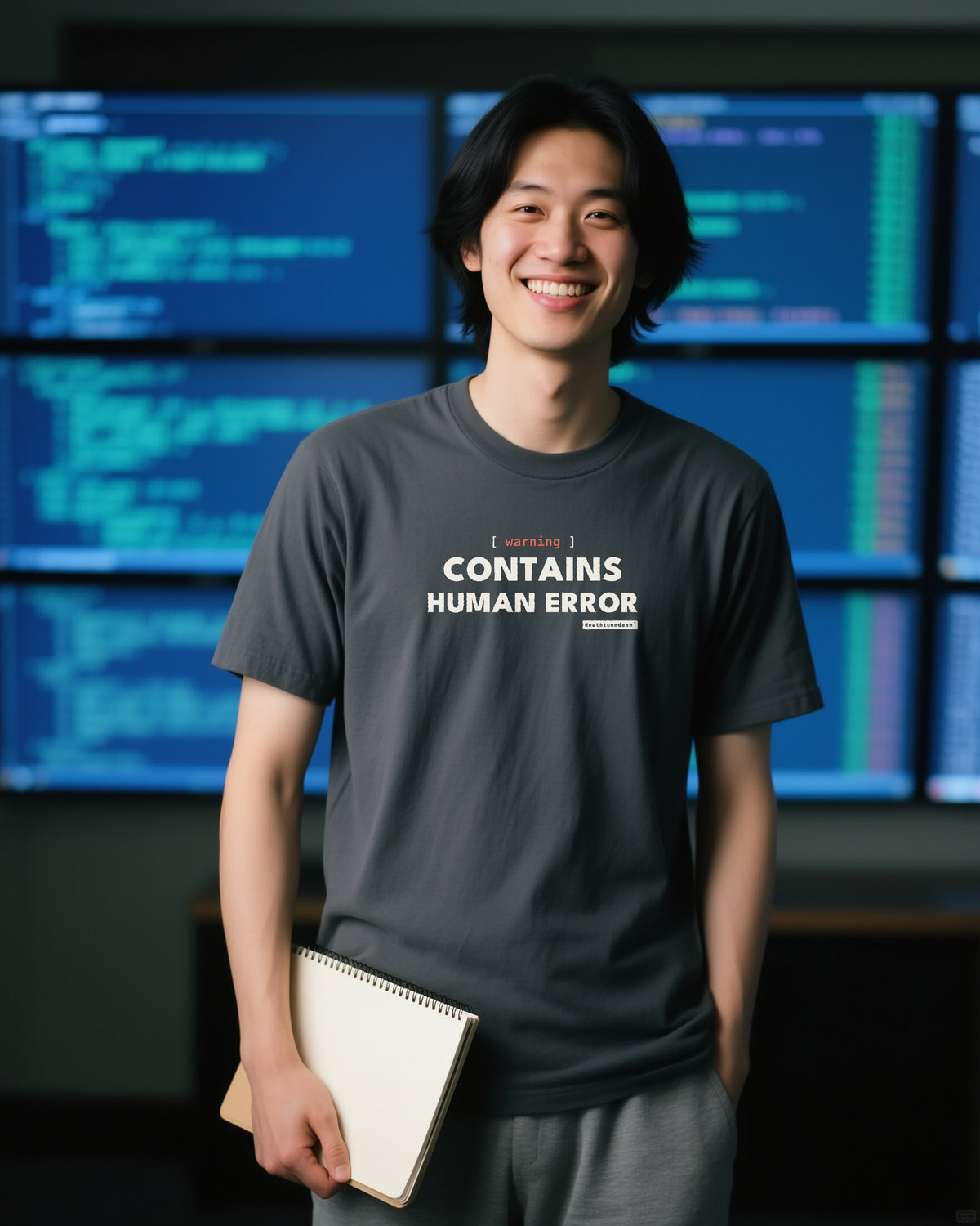 Warning Contains Human Error unisex heavyweight t-shirt in pepper, worn