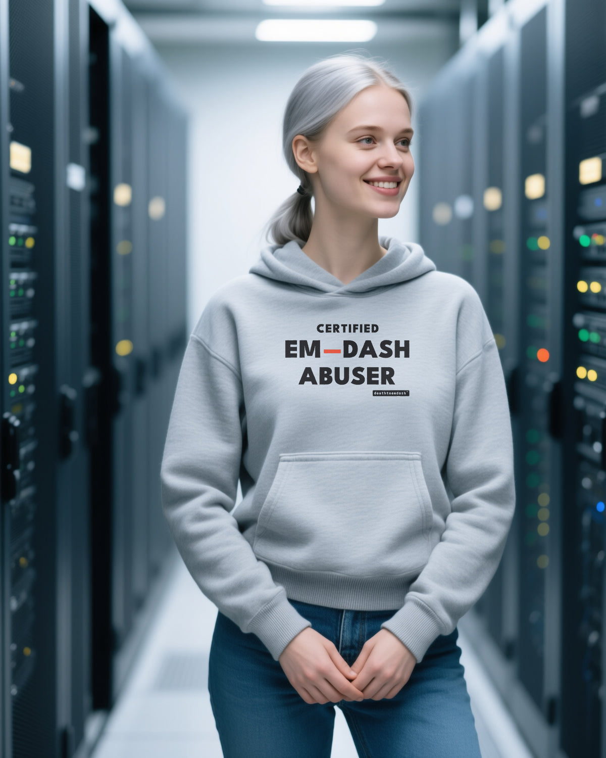 Certified Em Dash Abuser unisex heavyweight hoodie in sport grey, worn