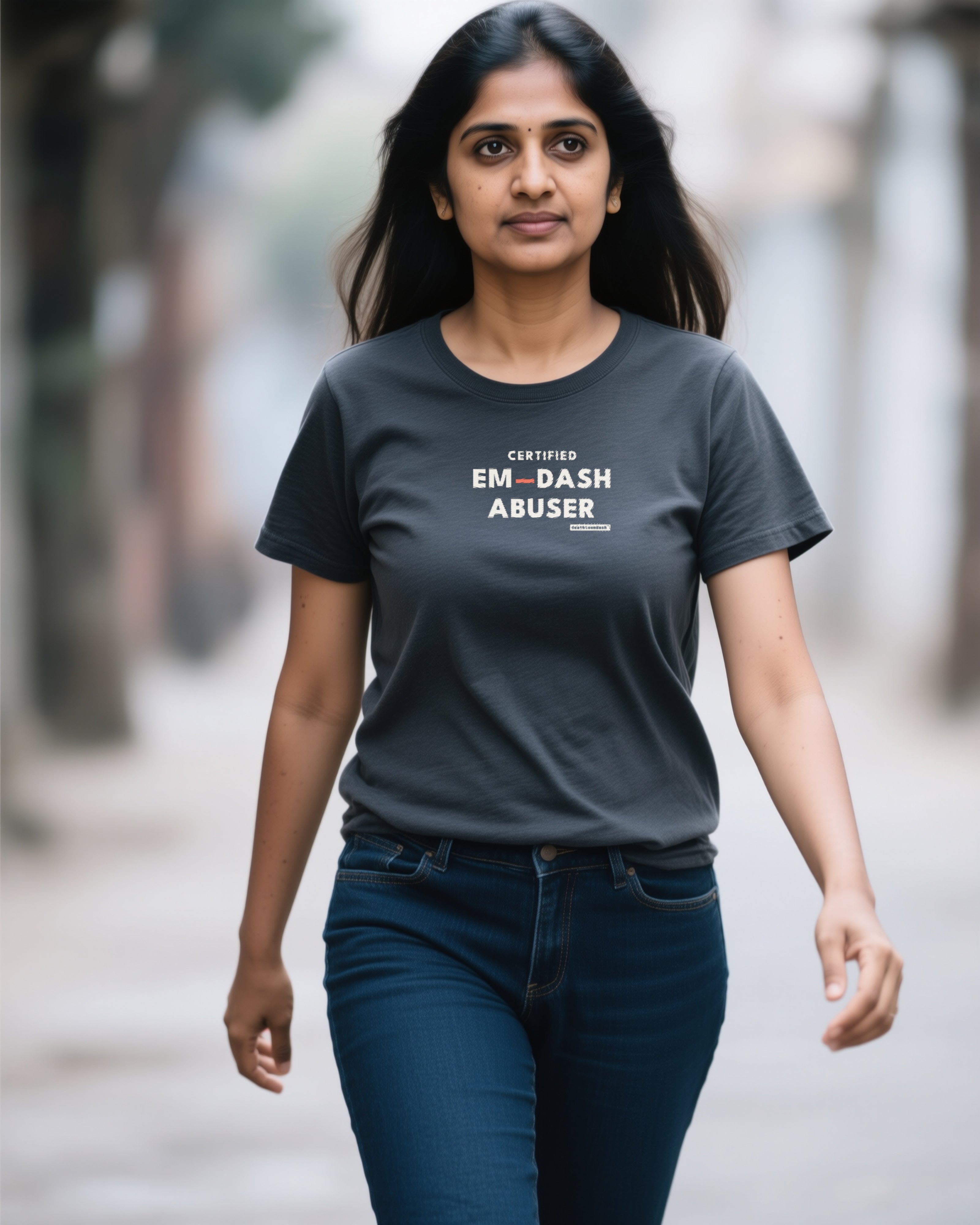 Certified Em-Dash Abuser women's relaxed t-shirt in dark grey heather, worn