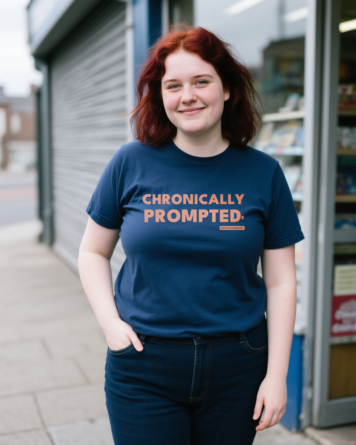 Chronically Prompted unisex heavyweight t-shirt in true navy, worn