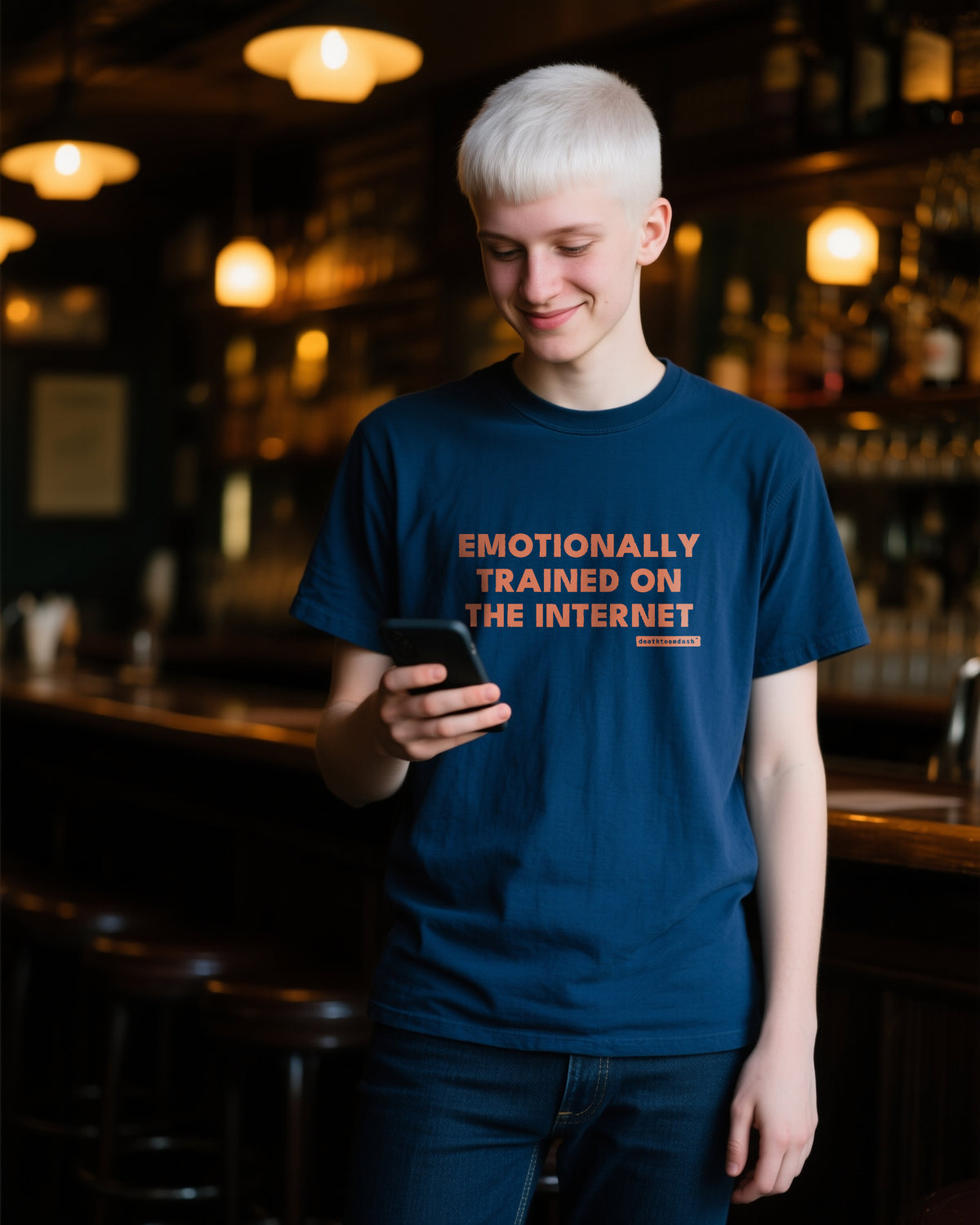 Emotionally Trained On The Internet unisex heavyweight t-shirt in true navy, worn