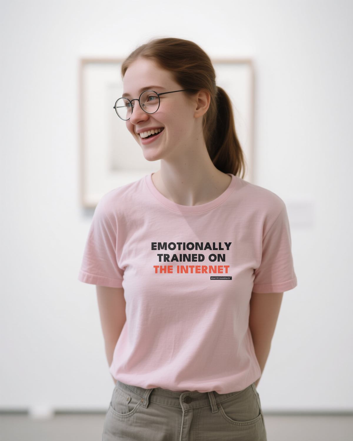 Emotionally Trained On The Internet unisex heavyweight t-shirt in pink, worn