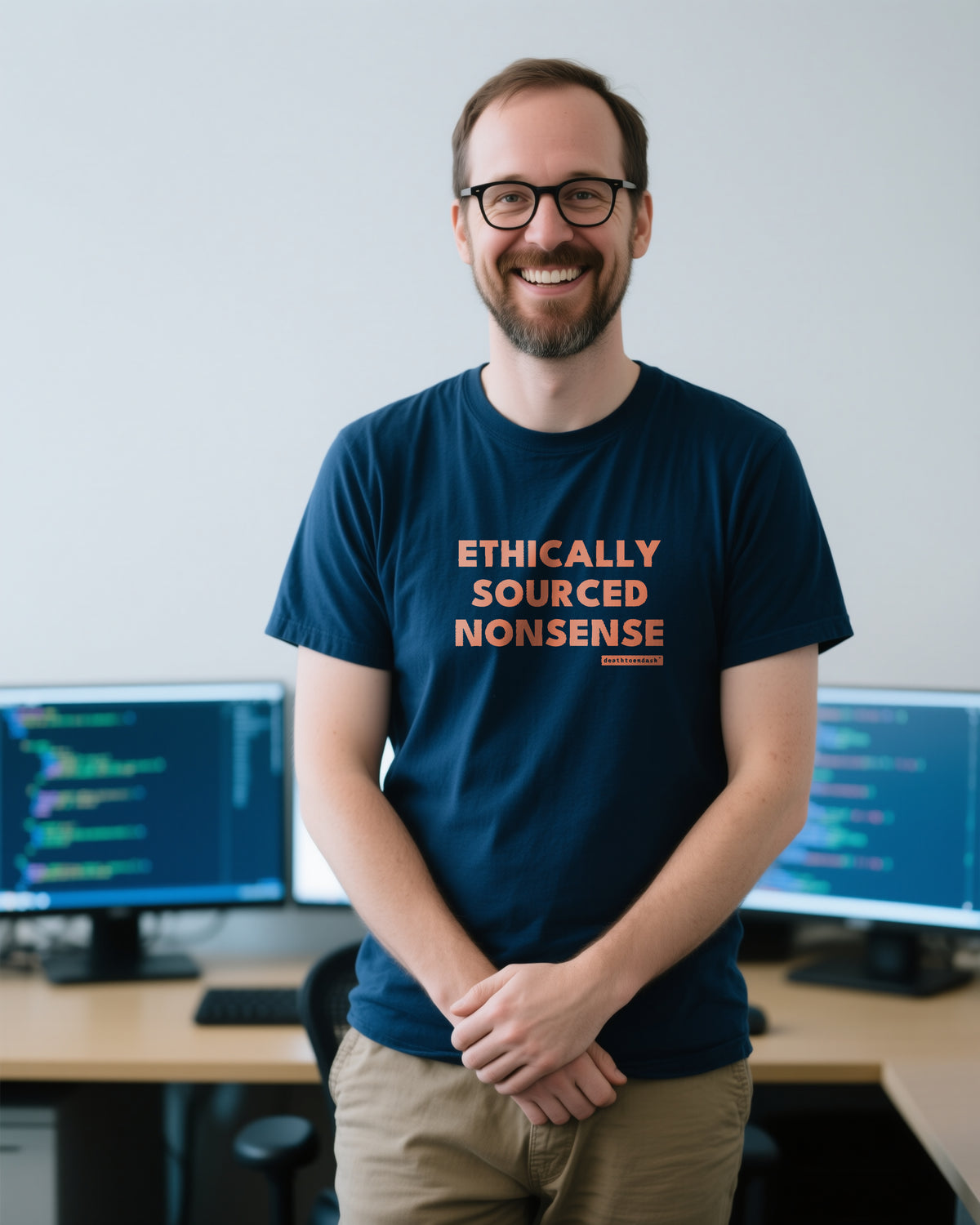 Ethically Sourced Nonsense unisex heavyweight t-shirt in true navy, worn