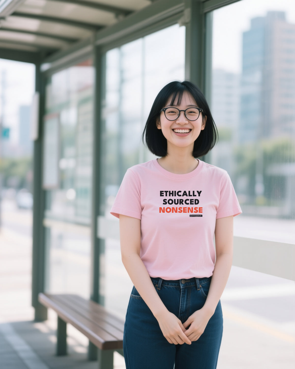 Ethically Sourced Nonsense unisex heavyweight t-shirt in pink, worn