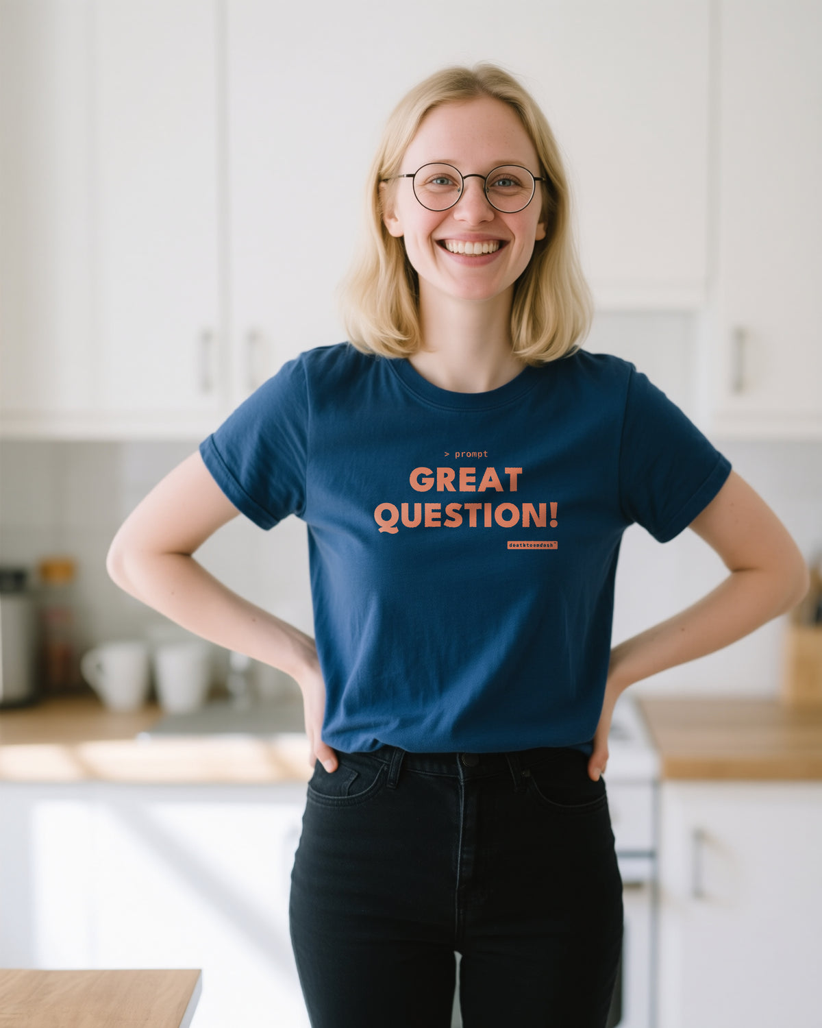 Great Question unisex heavyweight t-shirt in true navy, worn