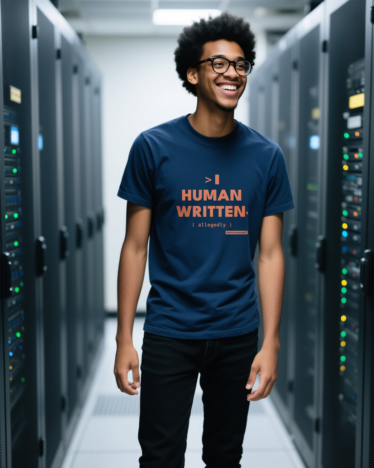 Human Written Allegedly unisex heavyweight t-shirt in true navy, worn
