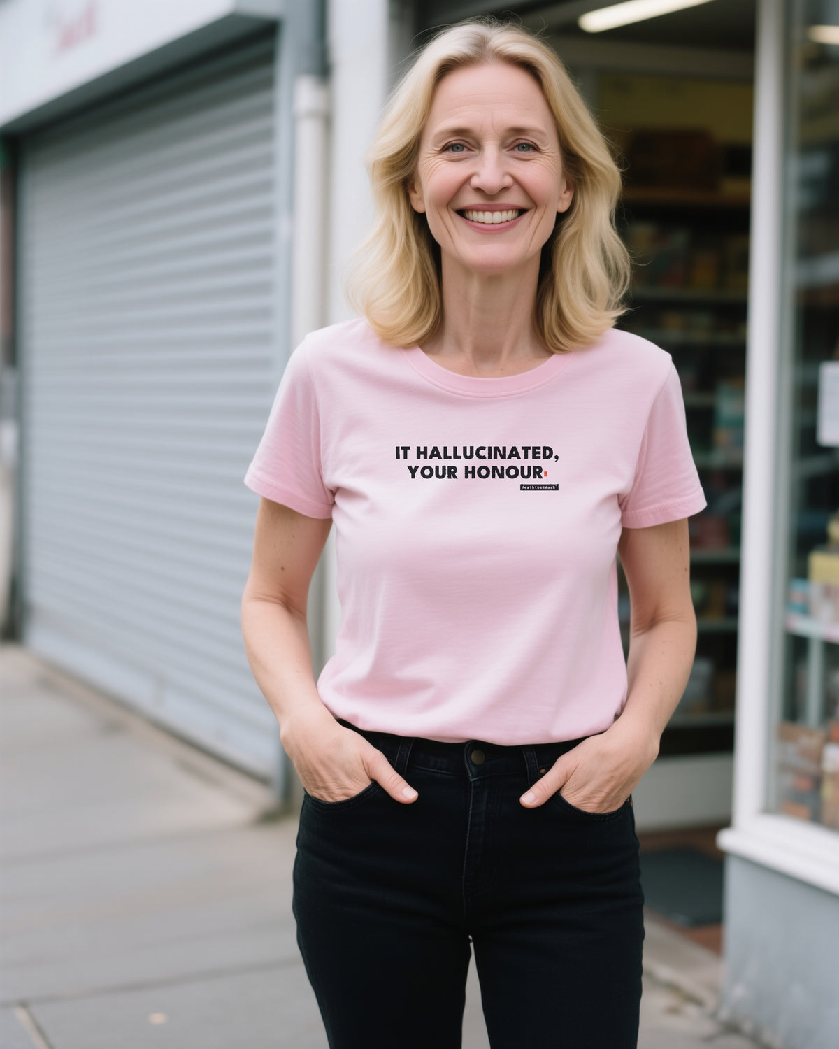 It Hallucinated Your Honour unisex heavyweight t-shirt in pink, worn
