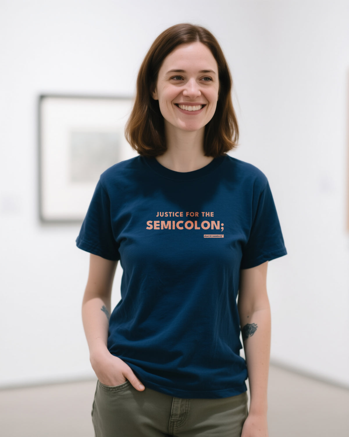 Justice For The Semicolon unisex heavyweight t-shirt in true navy, worn