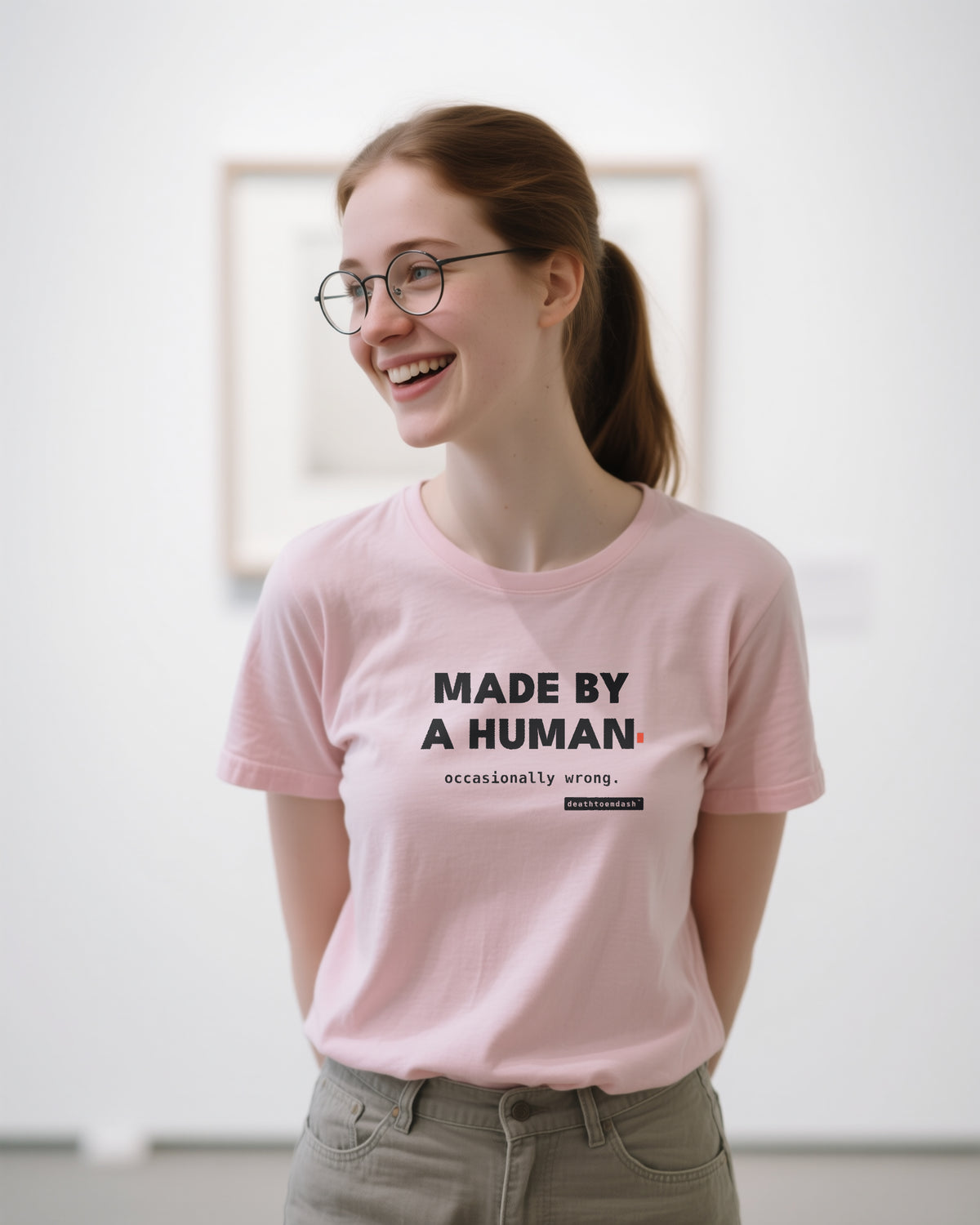 Made By A Human Occasionally Wrong unisex heavyweight t-shirt in pink, worn