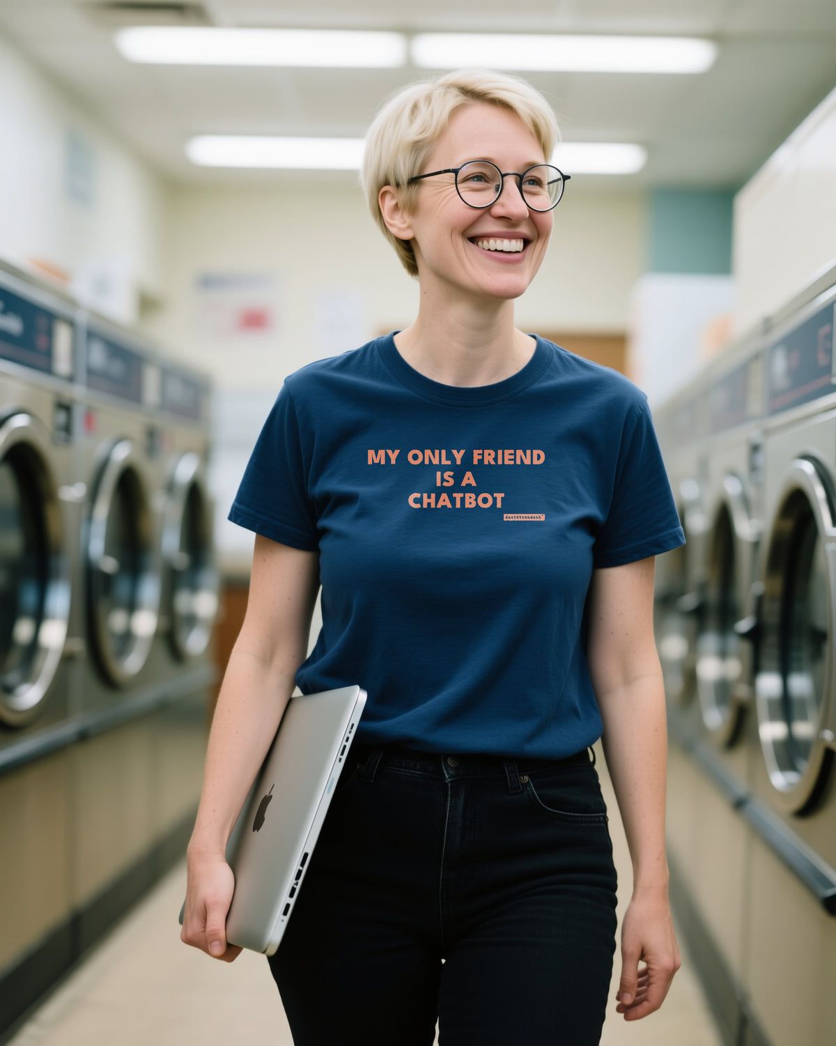 My Only Friend Is A Chatbot unisex heavyweight t-shirt in true navy, worn