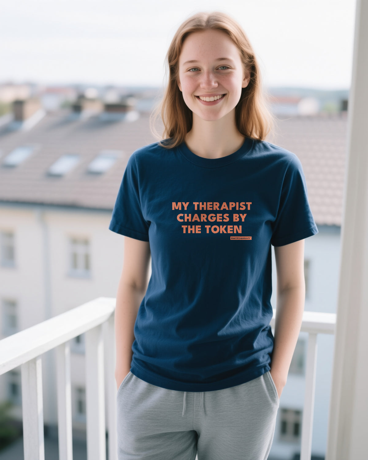 My Therapist Charges By The Token unisex heavyweight t-shirt in true navy, worn