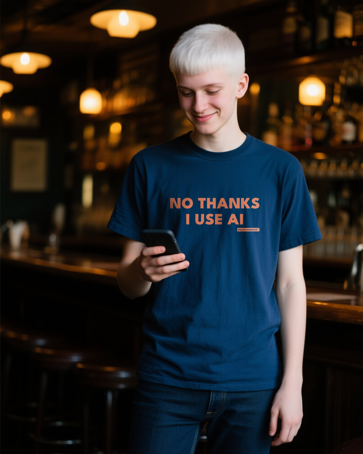 No Thanks I Use Ai unisex heavyweight t-shirt in true navy, worn