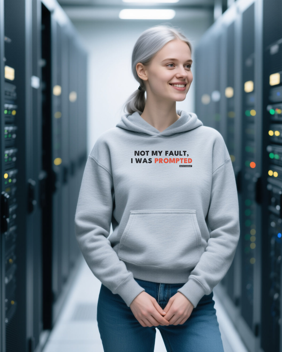 Not My Fault I Was Prompted unisex heavyweight hoodie in sport grey, worn