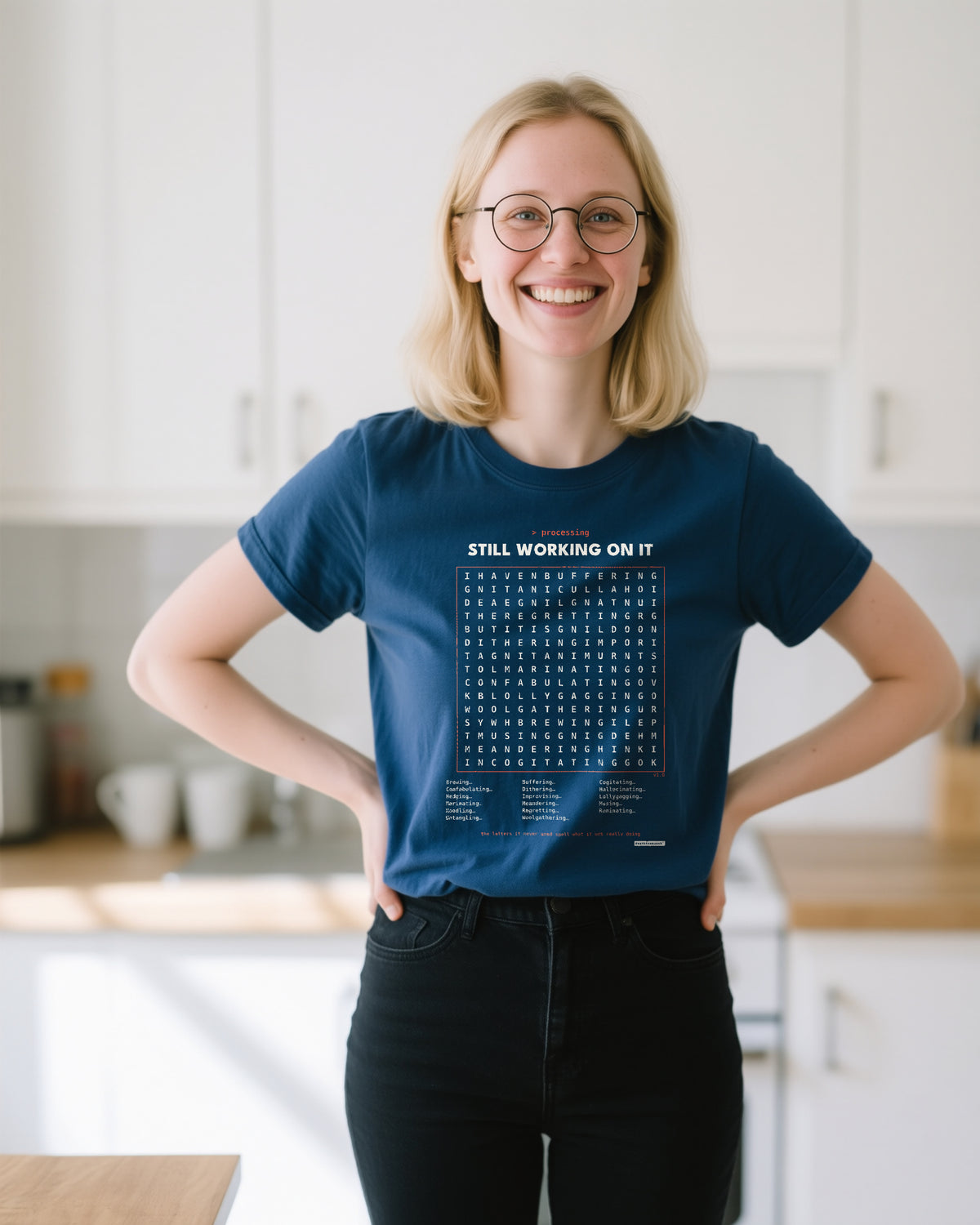 Processing Wordsearch V1 unisex heavyweight t-shirt in true navy, worn