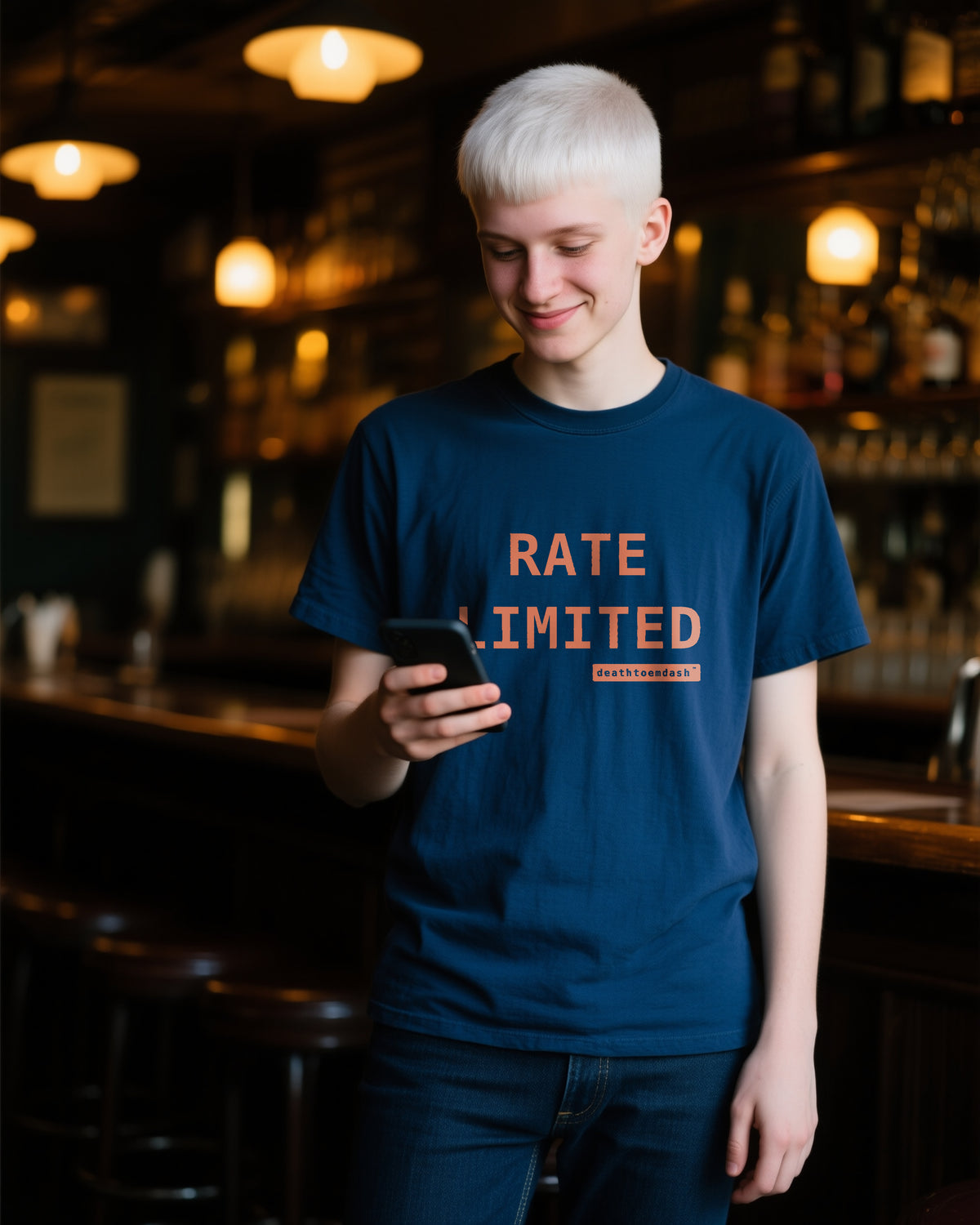 Rate Limited unisex heavyweight t-shirt in true navy, worn
