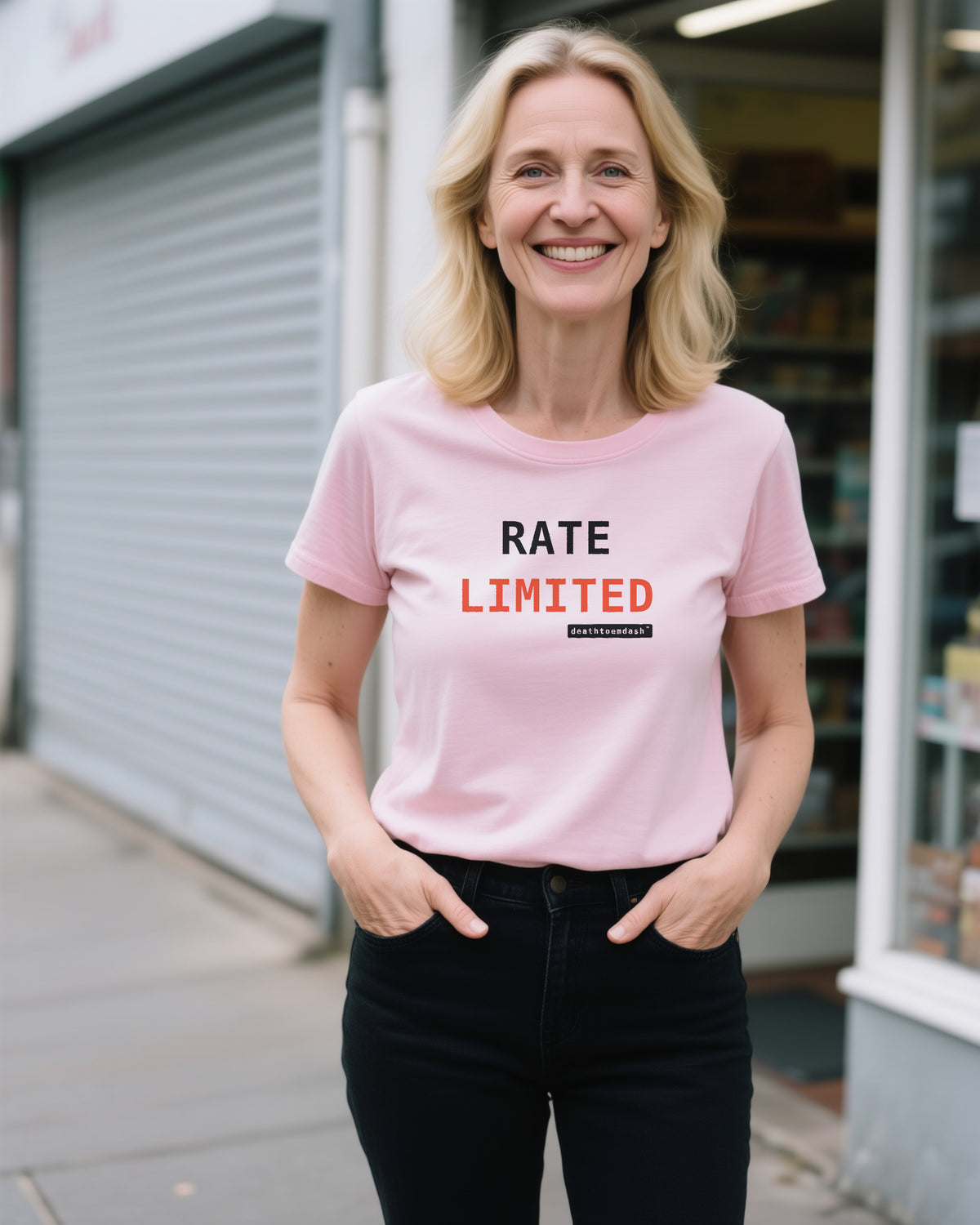 Rate Limited unisex heavyweight t-shirt in pink, worn