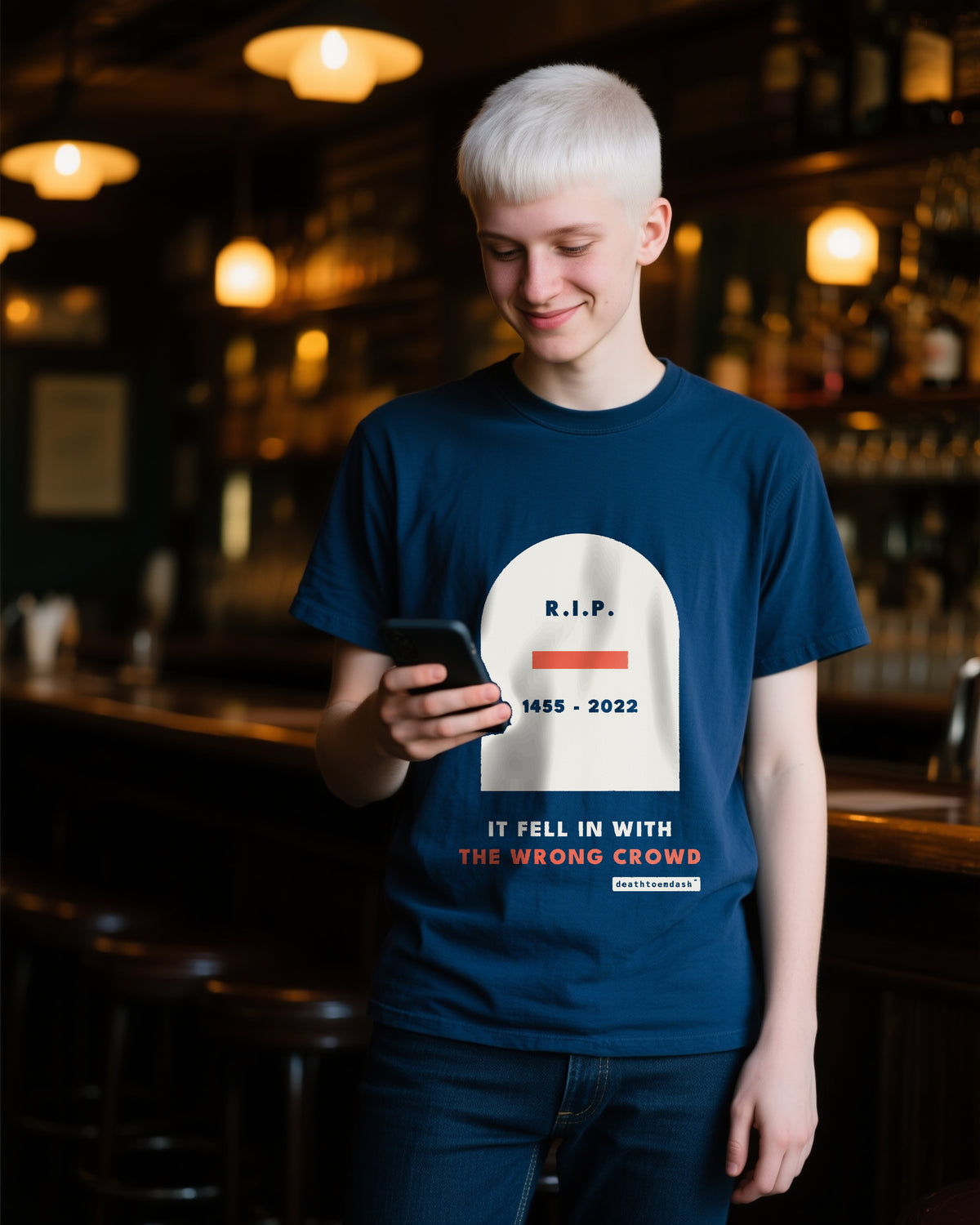 Rip Em Dash unisex heavyweight t-shirt in true navy, worn