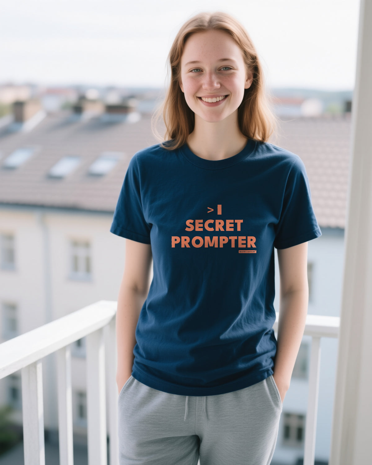 Secret Prompter unisex heavyweight t-shirt in true navy, worn