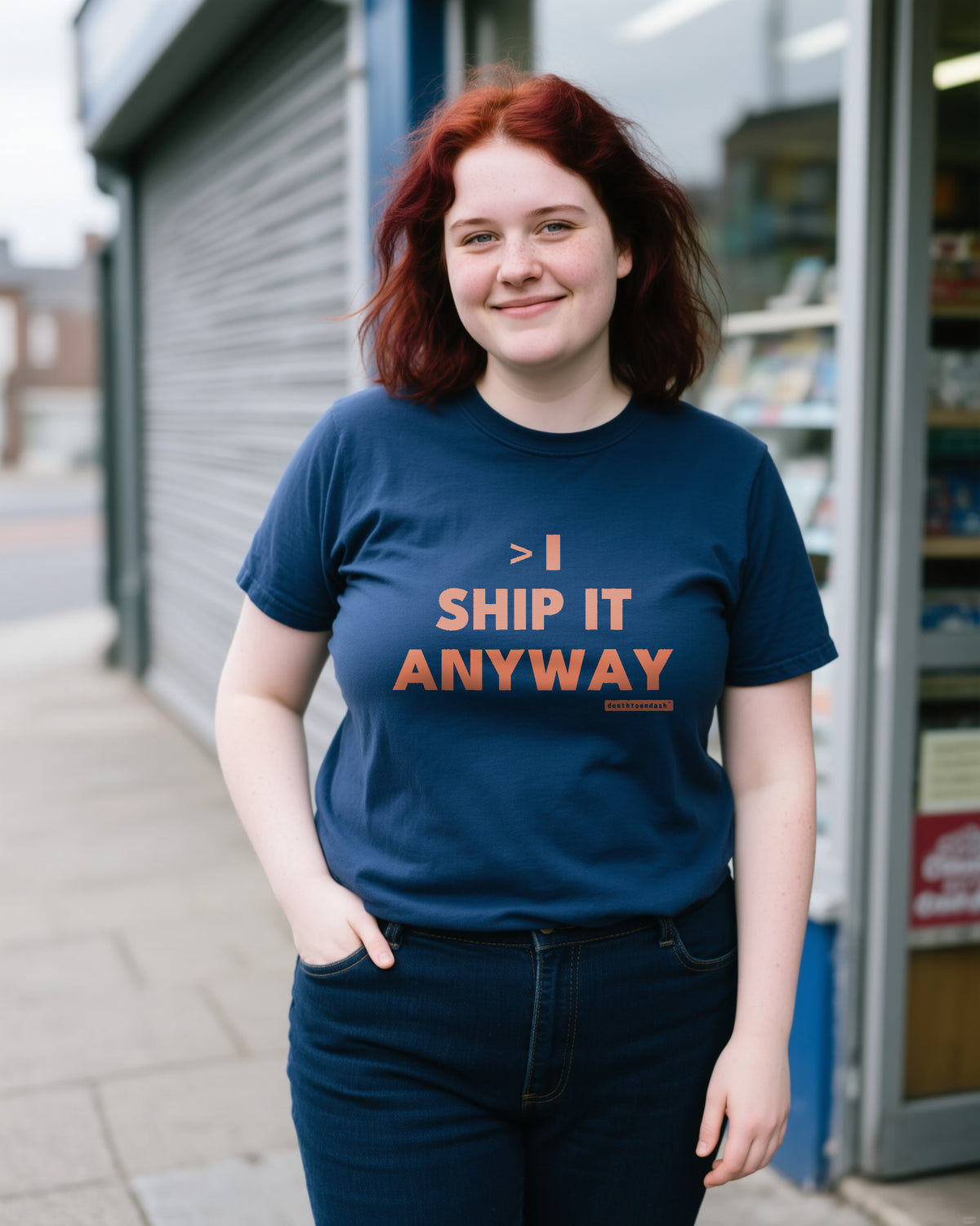 Ship It Anyway unisex heavyweight t-shirt in true navy, worn