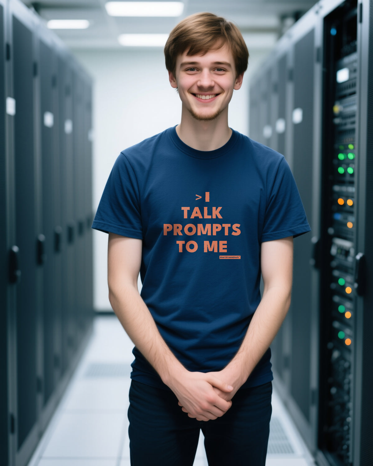 Talk Prompts To Me unisex heavyweight t-shirt in true navy, worn