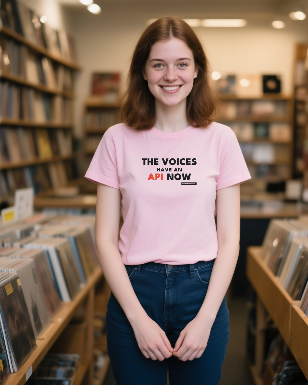 The Voices Have An Api Now unisex heavyweight t-shirt in pink, worn