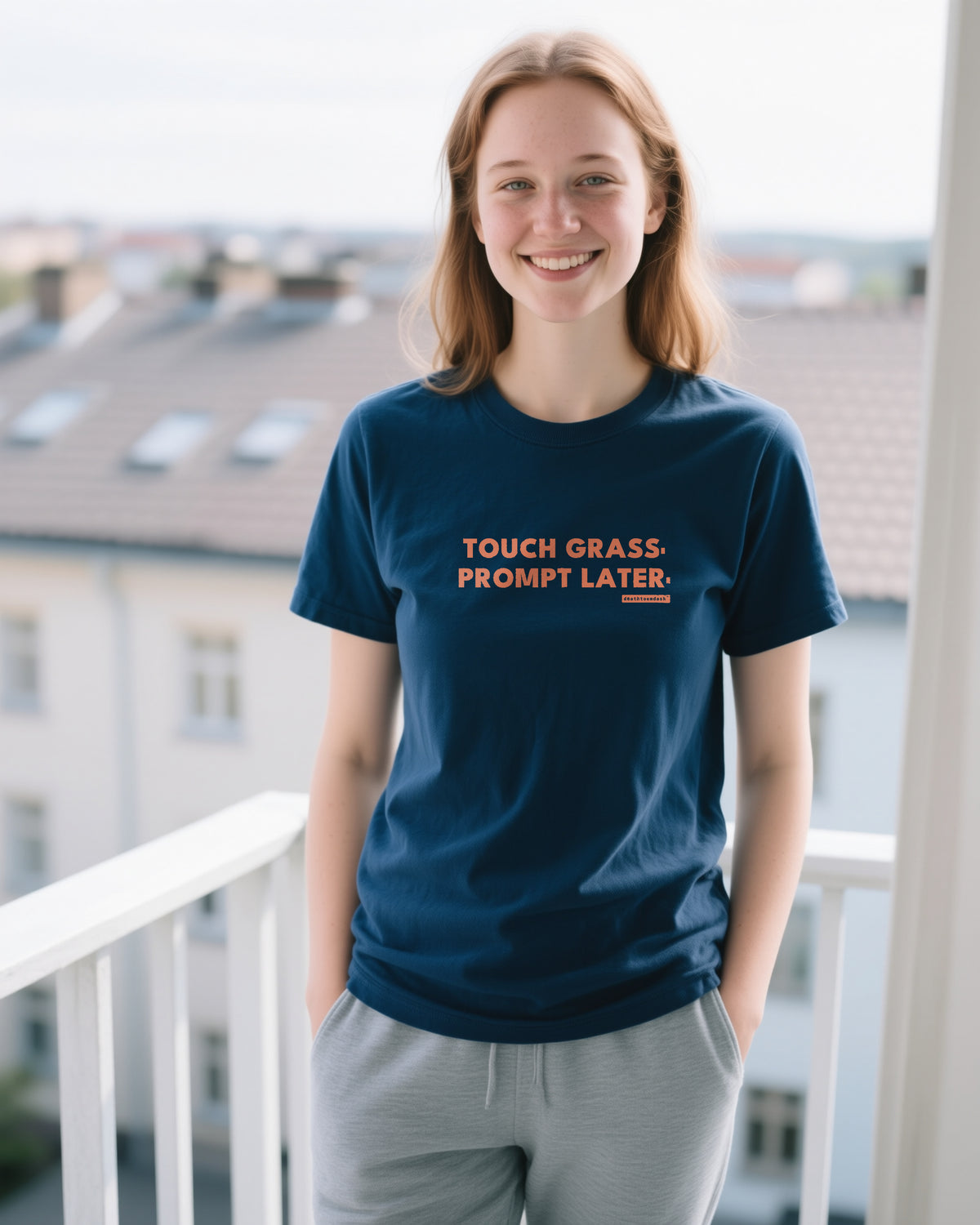 Touch Grass Prompt Later unisex heavyweight t-shirt in true navy, worn