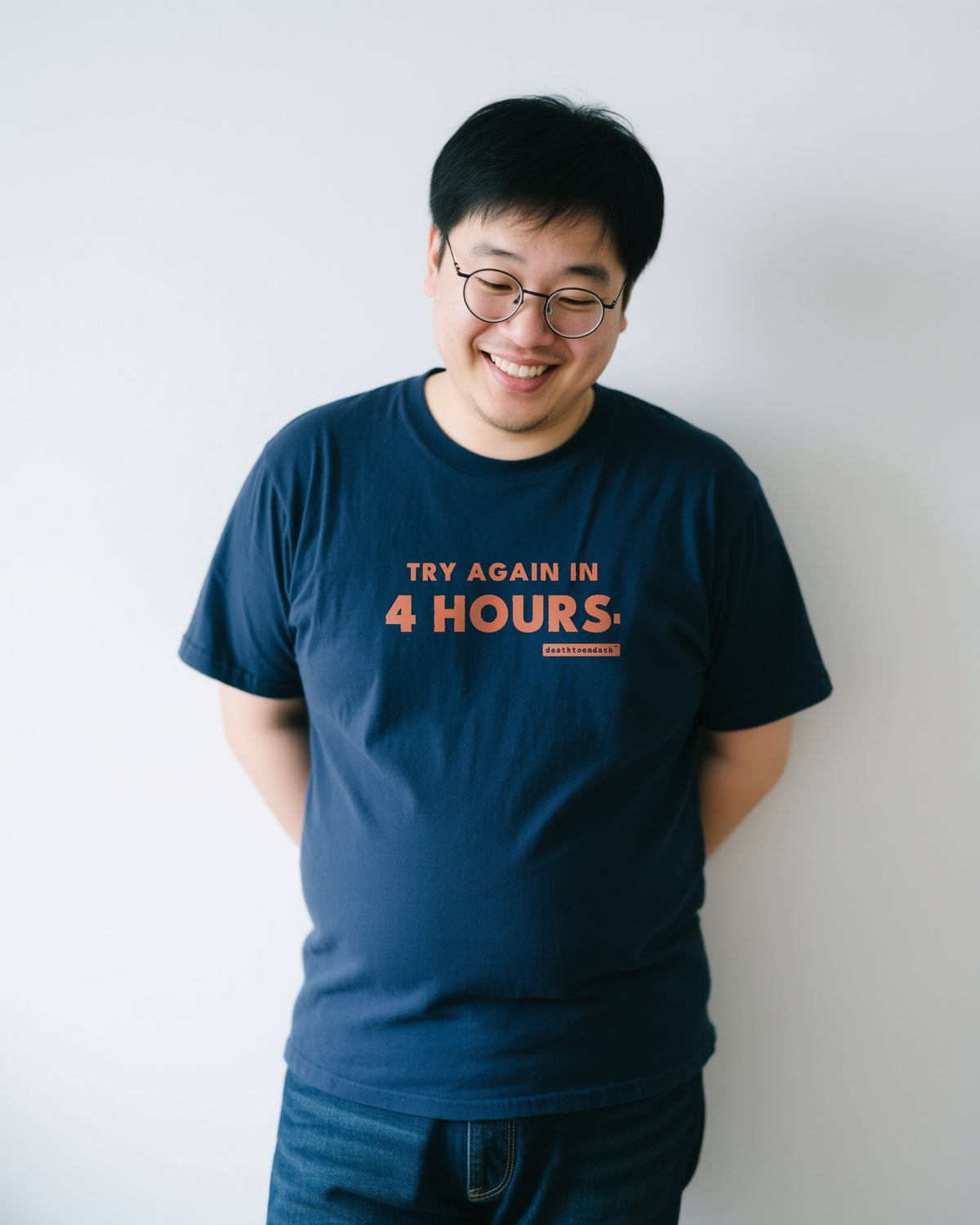 Try Again In 4 Hours unisex heavyweight t-shirt in true navy, worn