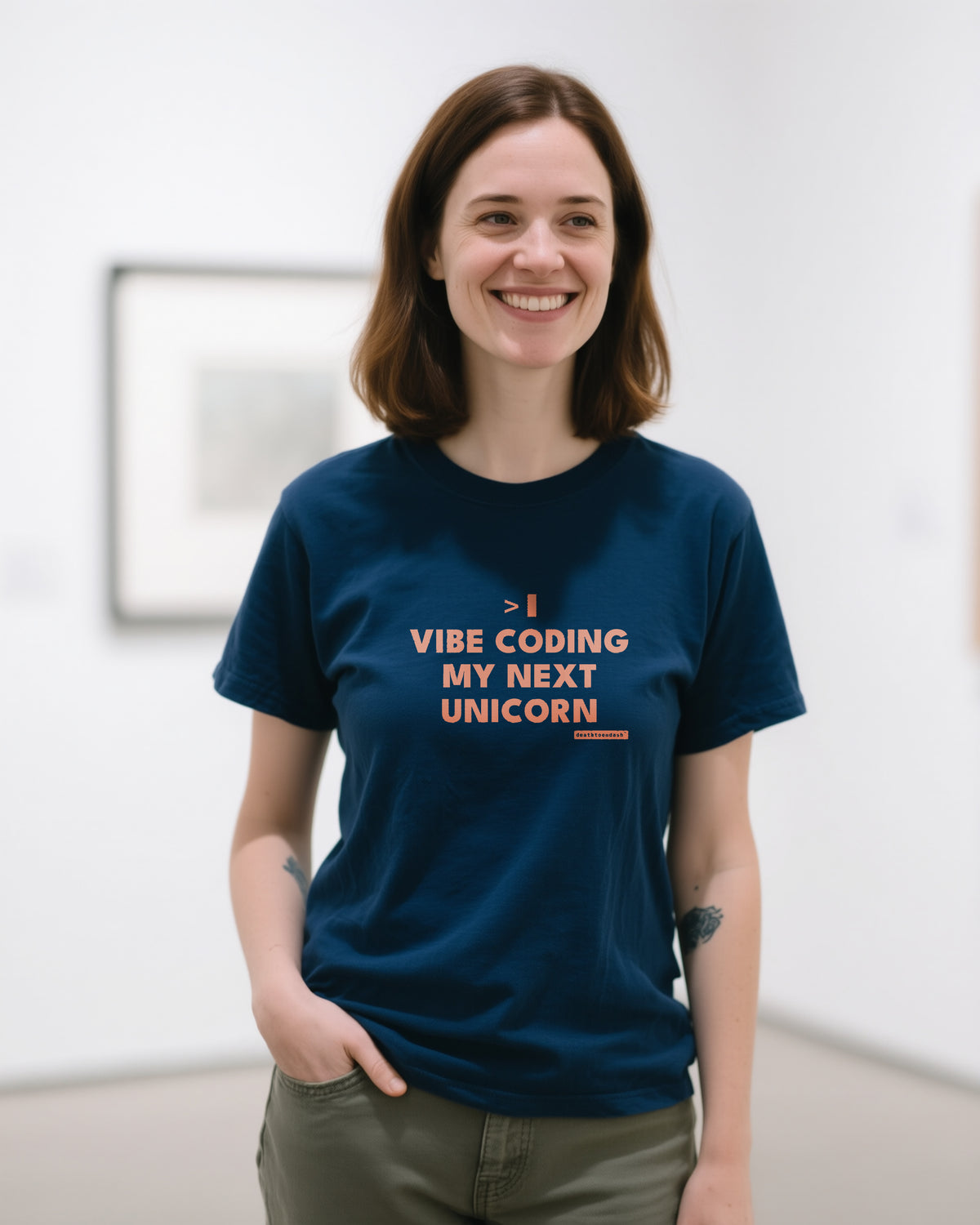 Vibe Coding My Next Unicorn unisex heavyweight t-shirt in true navy, worn