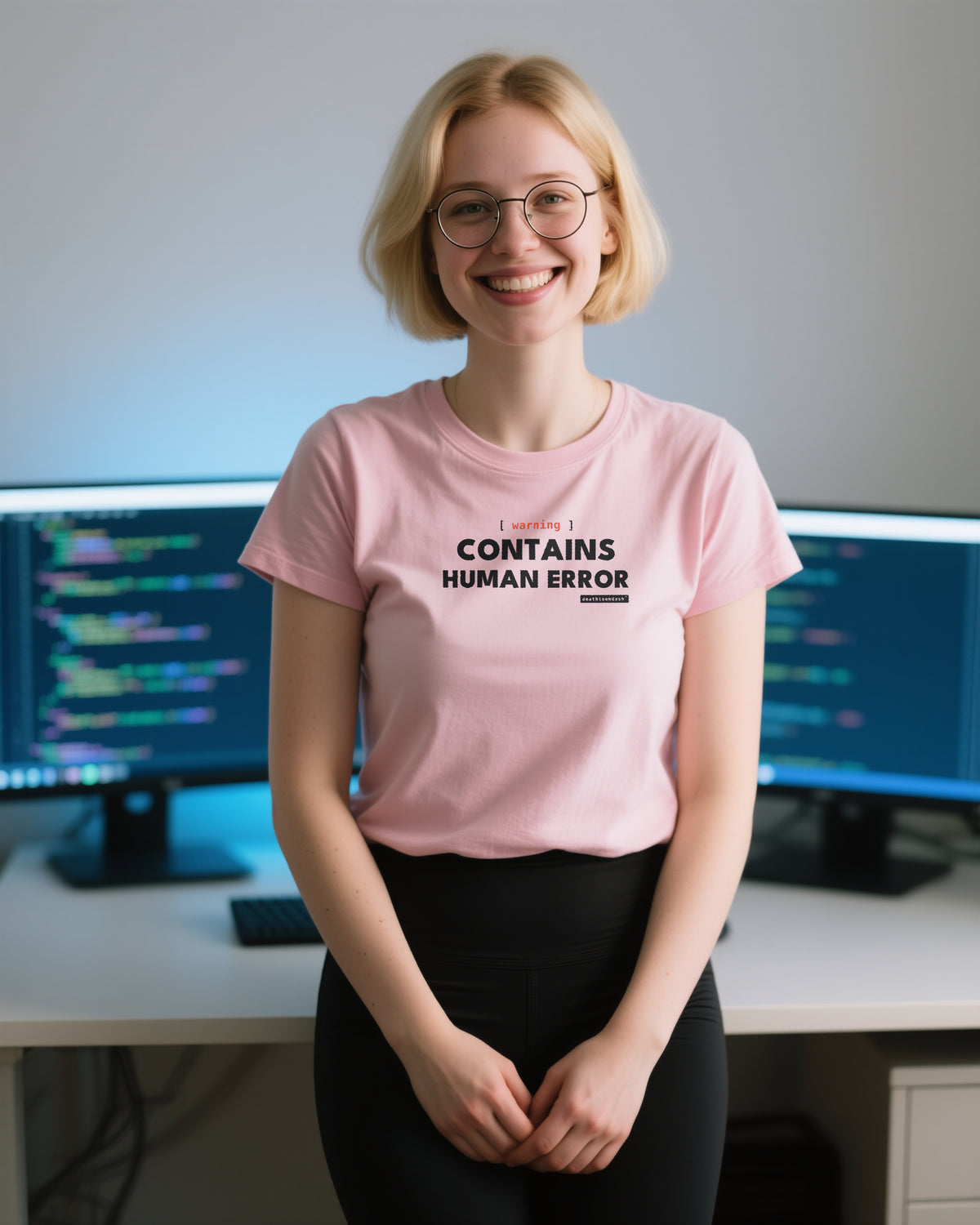 Warning Contains Human Error unisex heavyweight t-shirt in pink, worn