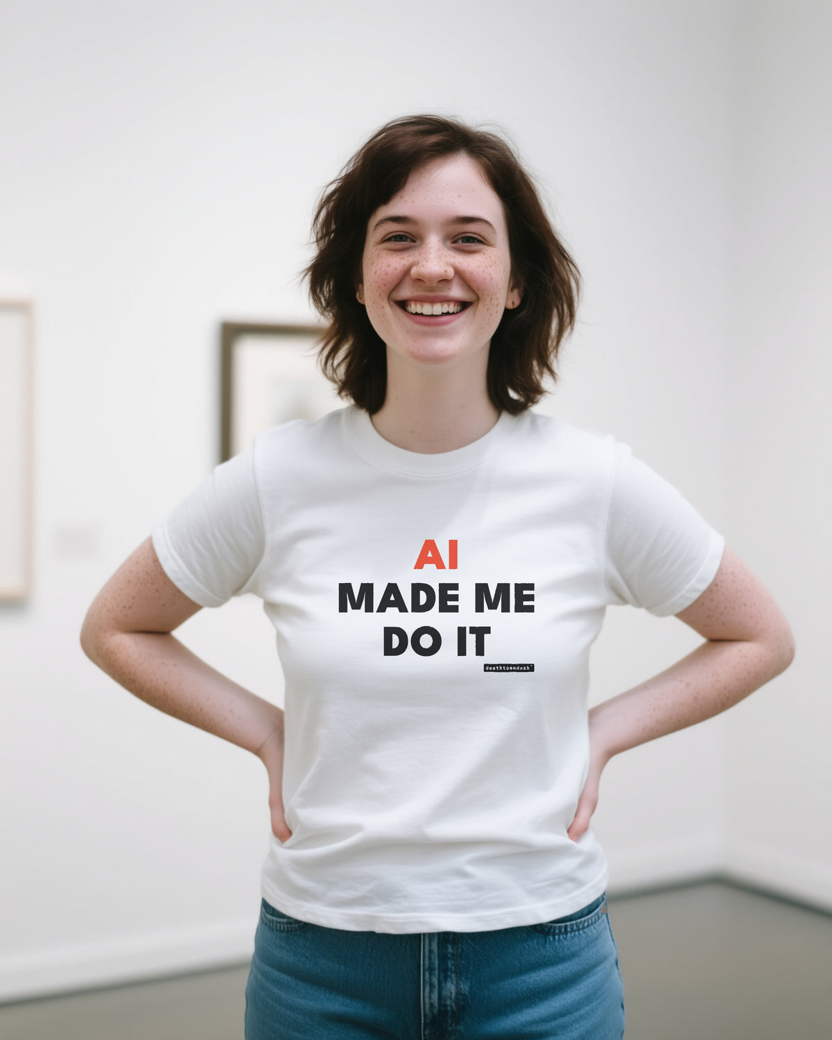 Ai Made Me Do It unisex heavyweight t-shirt in white, worn
