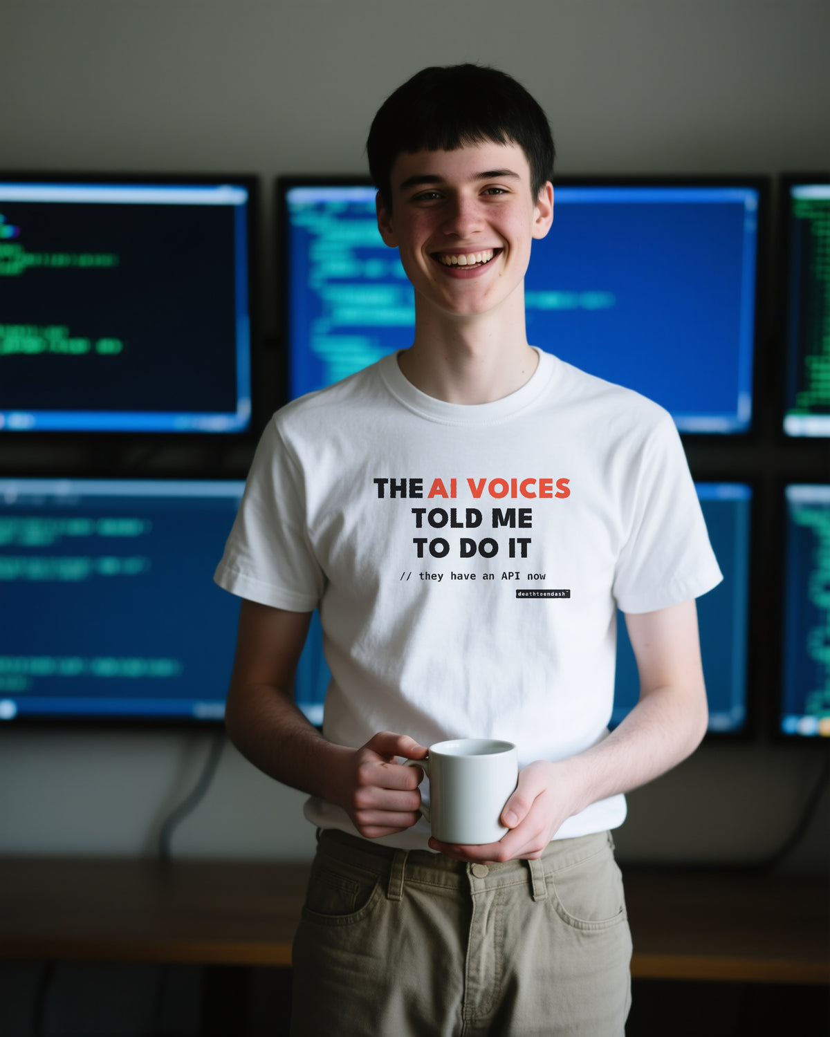 Ai Voices Told Me unisex heavyweight t-shirt in white, worn